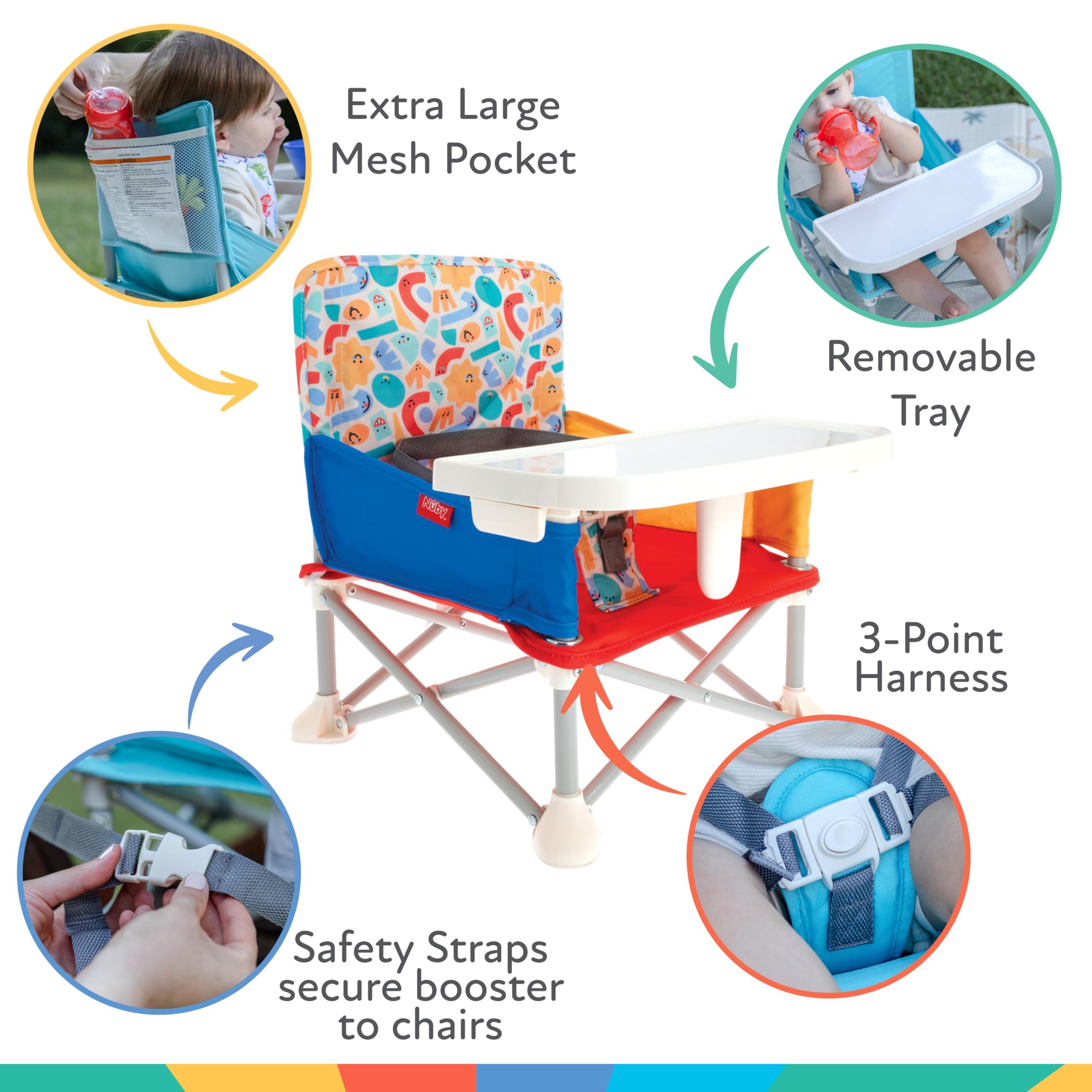 Nuby Nuby Easy Go Pop-Up Booster Seat with Removable Tray - 6+ Months - Portable Booster Seat for Floor for Indoor/Outdoor Use - 3-Point Safety Adjustable Straps - Includes Travel Bag - Fun Faces