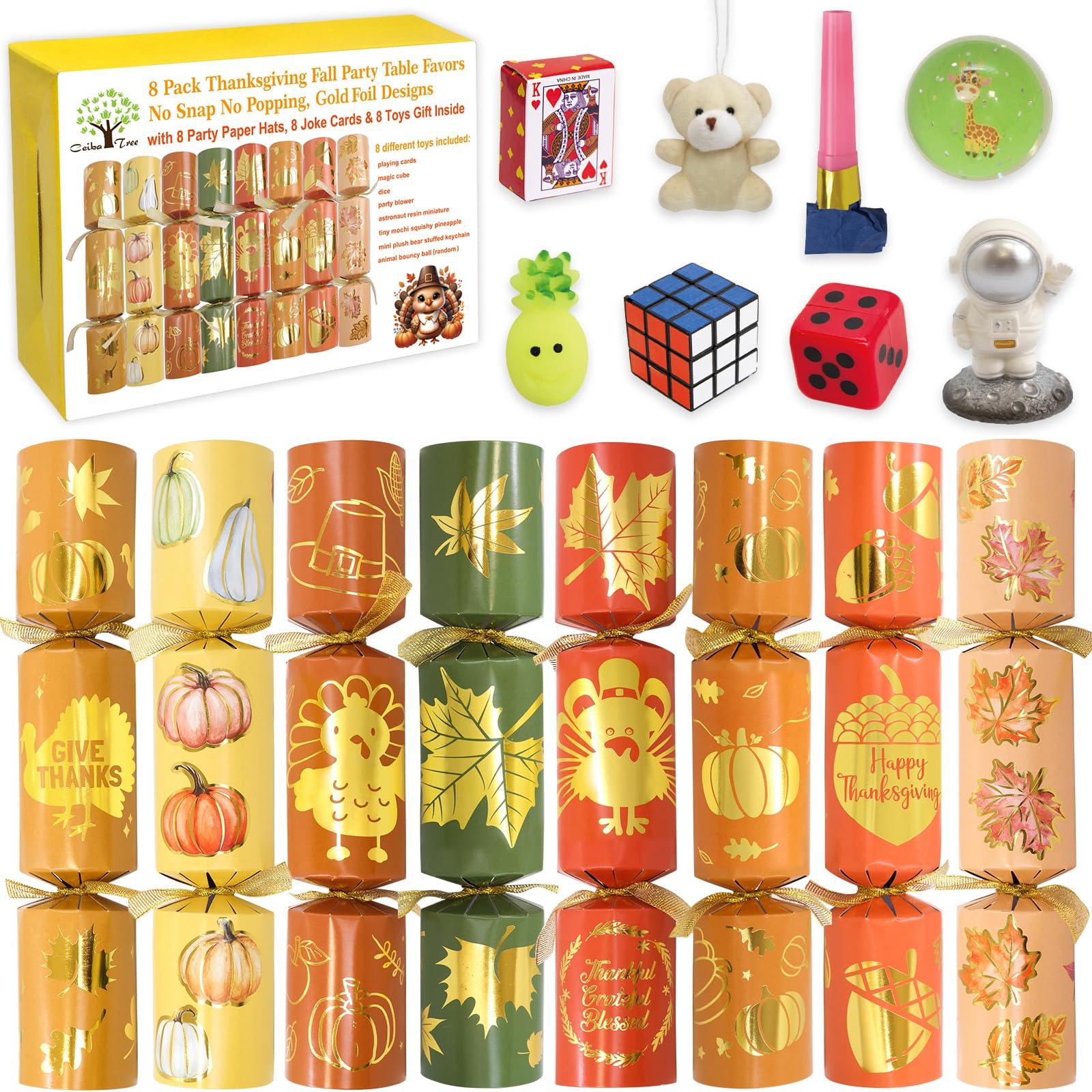 ceiba tree 8 PC Thanksgiving Crackers Poppers Party Table Favors No Snap No Popping Fall Thanksgiving Games Activities for Family Kids with Party Hats Joke Gifts Toys Holiday Traditions Prizes Gold Foil