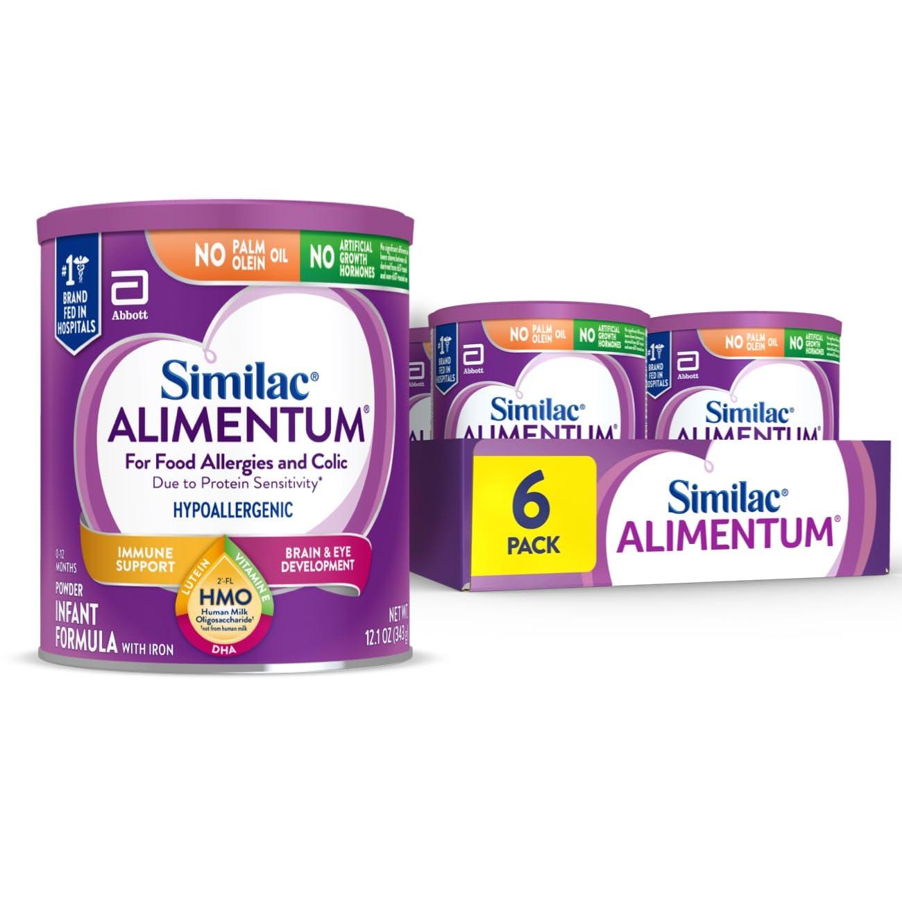 Similac Similac Alimentum with 2-FL HMO Hypoallergenic Infant Formula, for Food Allergies and Colic, Suitable for Lactose Sensitivity, Baby Formula Powder, 12.1-oz Value Can, Pack of 6