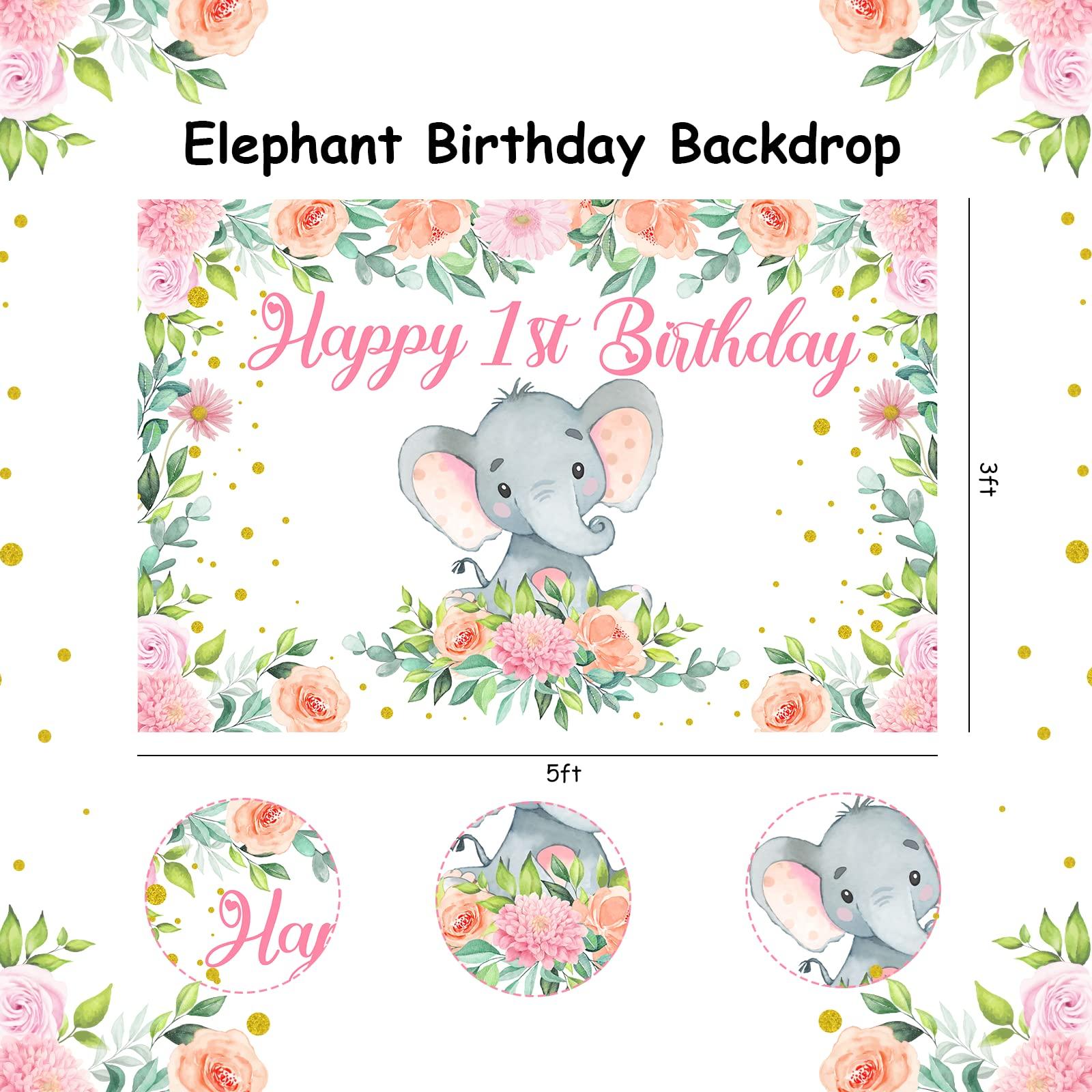 Funmemoir Elephant 1st Birthday Party Decorations Girl - Happy 1st Birthday Backdrop, Elephant One Cake Topper, Cupcake Toppers, Balloons, Pink Elephant Theme First Birthday Party Supplies