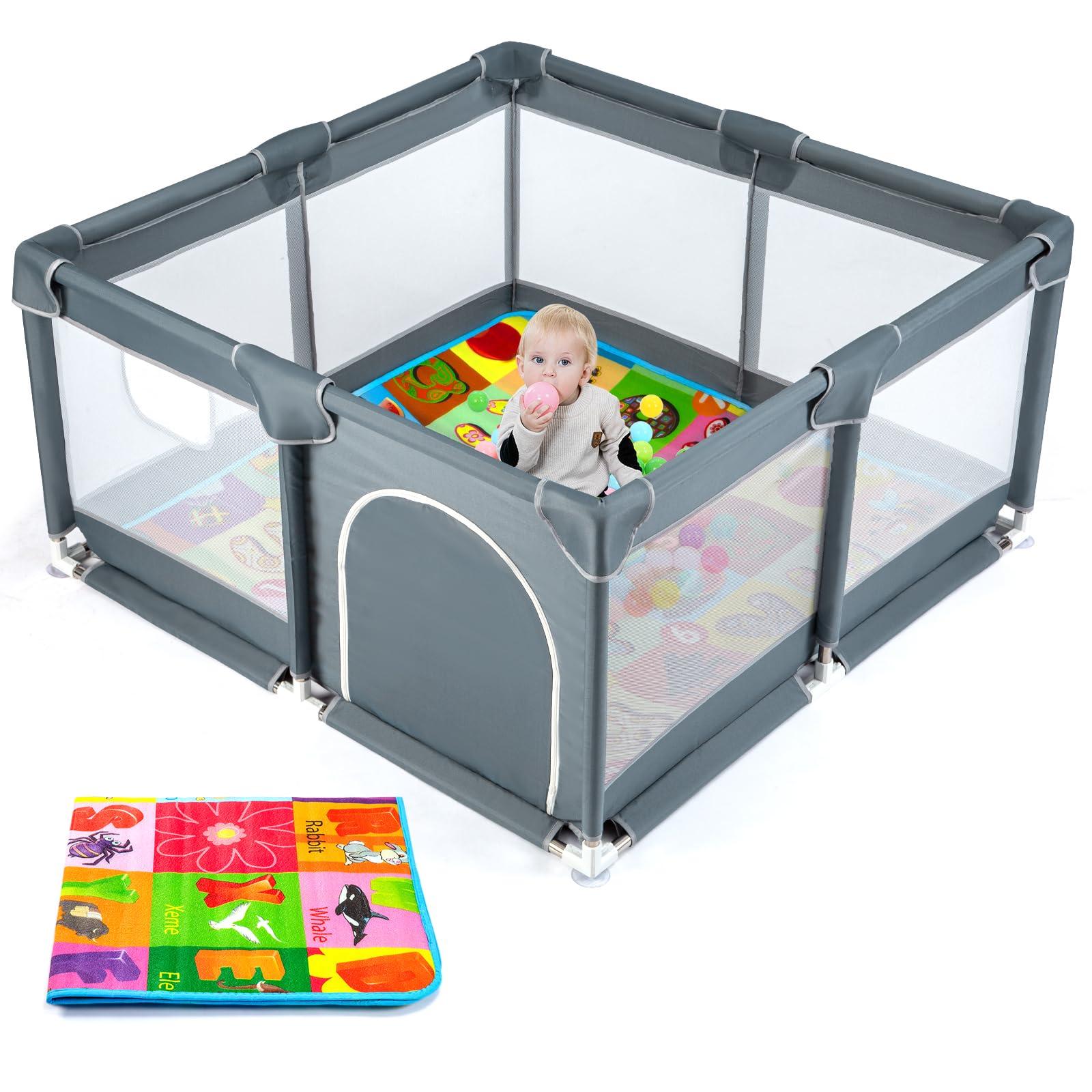 YIERYA YIERYA Baby Playpen Playard for Babies and Toddlers, Baby Fence Play Pens for Indoor & Outdoor, Sturdy Safety Play Yard with Breathable Mesh and Anti-Slip Mat,Grey