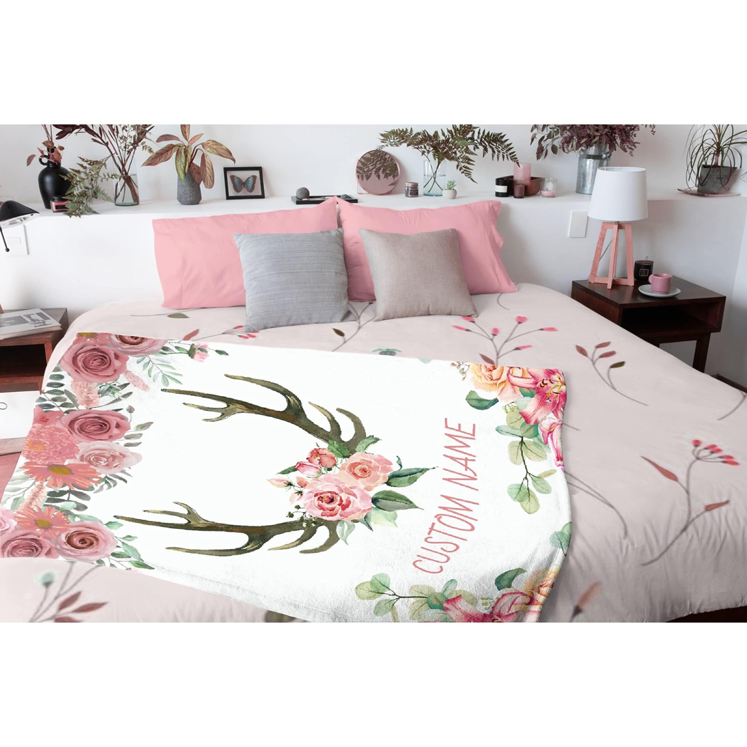 Bhaisajyaguru Personalized Custom Baby Blanket with Name Deer Horns Floral Pink Customized Fleece Blanket for Girls Boys Children Kid Baby Shower Birthday Gift for Daughter Granddaughter Niece 80"x60" for Adult