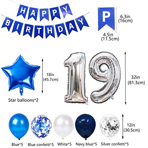 JumDaQQ 19th Birthday Party Decoration for Boys, Happy Birthday Banner Blue Number 19 Birthday Balloons 19th Birthday Latex Confetti Balloon for Boys Him Son 19 Years Old Birthday Decoration Supplies(19th)