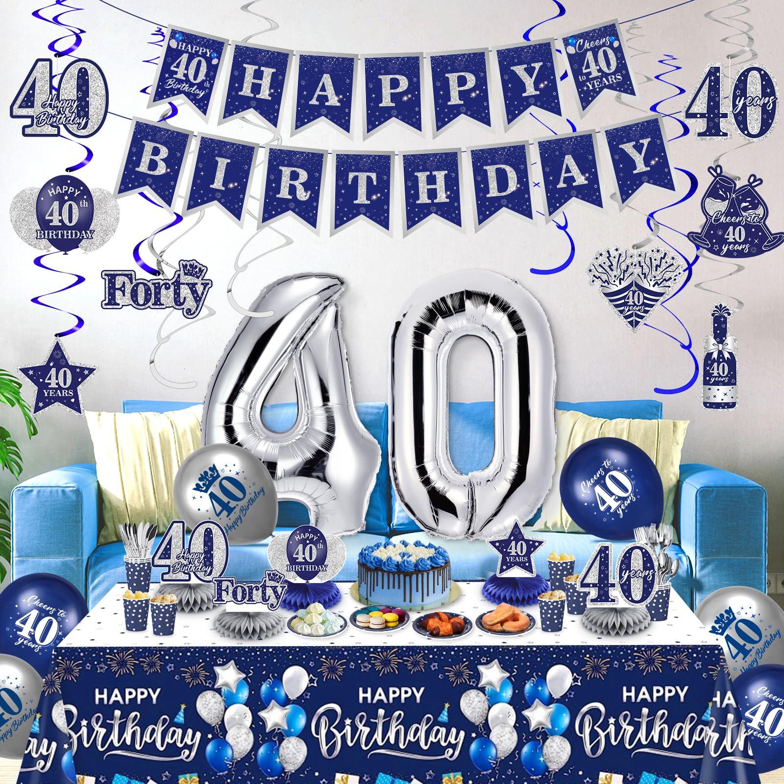 RUMIA Blue 40th Birthday Decorations for Men Women, 47Pcs Navy Blue Silver Happy 40th Birthday Banner Balloons Honeycomb Centerpiece Hanging Swirls Kit for Cheer to 40 Years Birthday Party Supplies Decor
