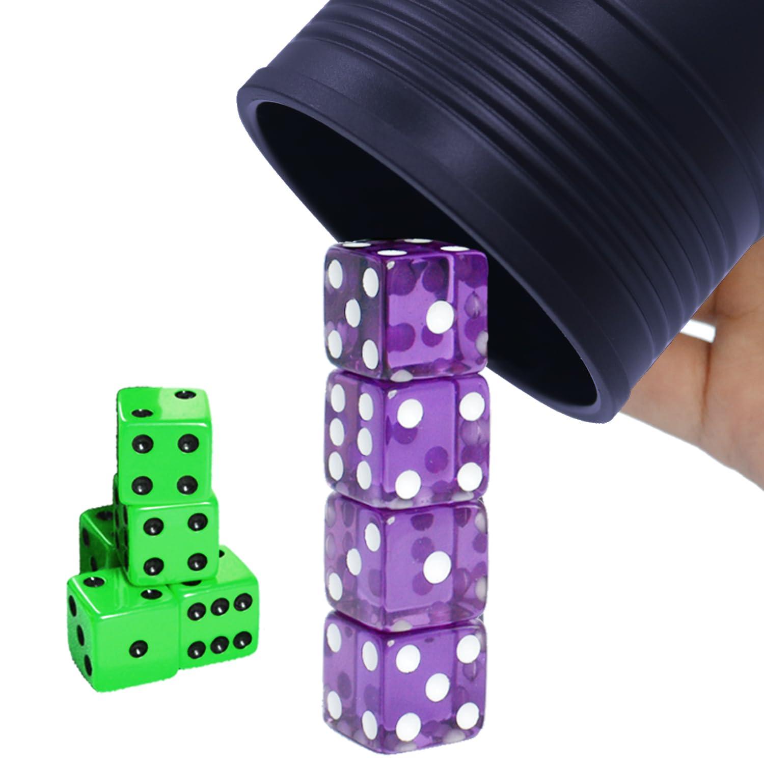 HIOHWEFH Dice Stacking Cup(Blue) Set with 4 Pcs 19mm(Purple) and 5 Pcs 18mm(Green) Standard 6 Sided Dices, with Storage Bag-Magic Tricks Instruction