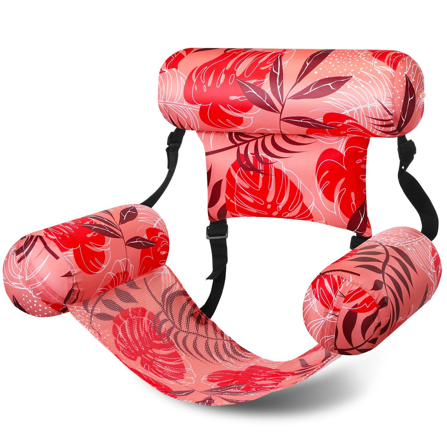 Sonwyoung Sonwyoung Inflatable Pool Floats Chairs Adult Floating Lounge Chairs Adjustable Hammock Water Floating Chair Swimming Tropical Plants Pattern for Party Summer Water Beach Lake Fun(Red)