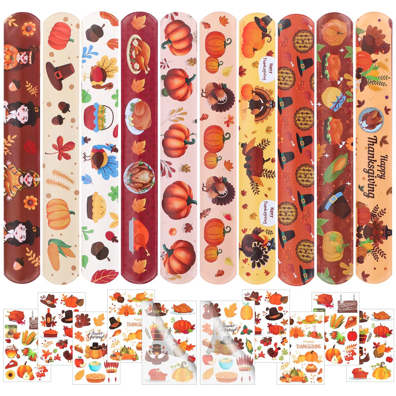 DoYoDoYa 40PCs Thanksgiving Slap Bracelets for Kids with Thanksgiving Tattoo, Turkey Pumpkin Autumn Maple Leaf Snap Band for Fall Party Favors Decor