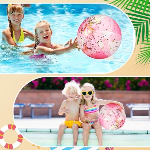 Chitidr Chitidr 12 Pcs 16 Inch Inflatable Beach Ball Glitter Bulk Clear Confetti Pool Swimming Bubble Ball Outdoor Summer Pool Party Decor for Adults Swimming Hawaiian Tropical Theme(Pink)