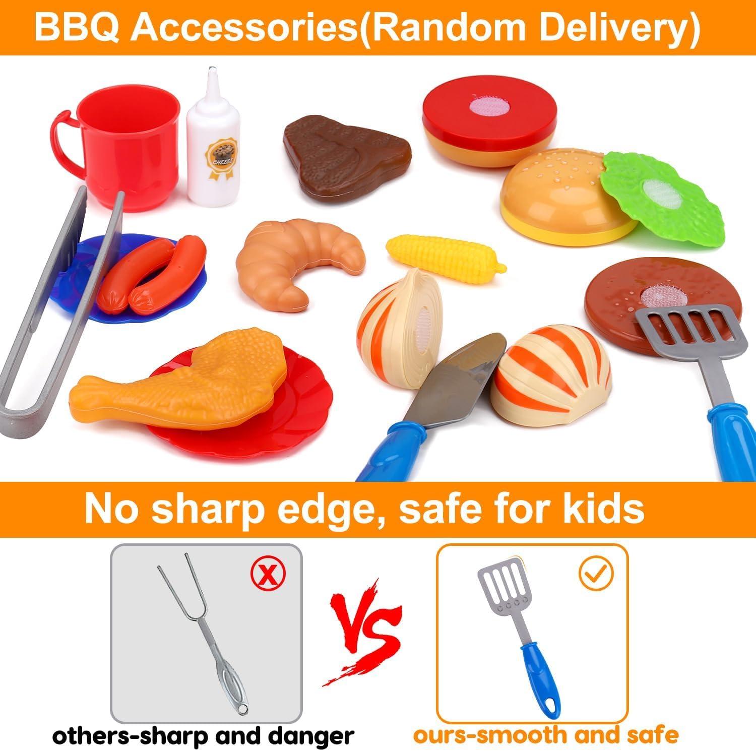 AugToy Kids Play Food Grill with Pretend Smoke Sound Light Kitchen Playset BBQ Accessories Camping Cooking Set Barbecue Toddler Girl Boy Toy 2 3 4 5 6 Year Old 4-8 Birthday Kid Toy Idea