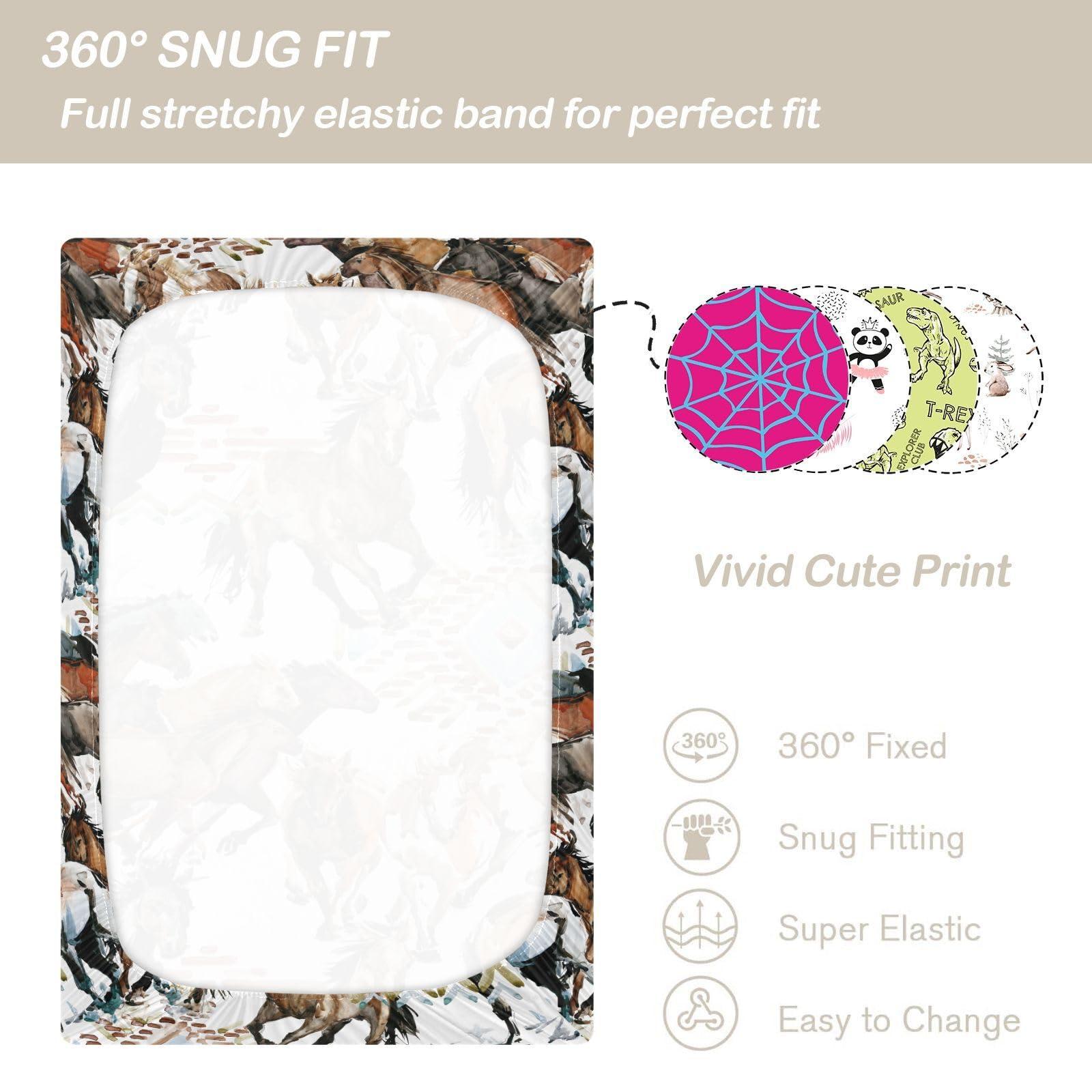 CaTaKu CaTaKu Crib Sheets for Boys Runing Horses Western Fitted Baby Sheets for Mini Crib, Nursery Mattress Sheets Toddler Bed Sheets for Baby Boys 27"x 39"