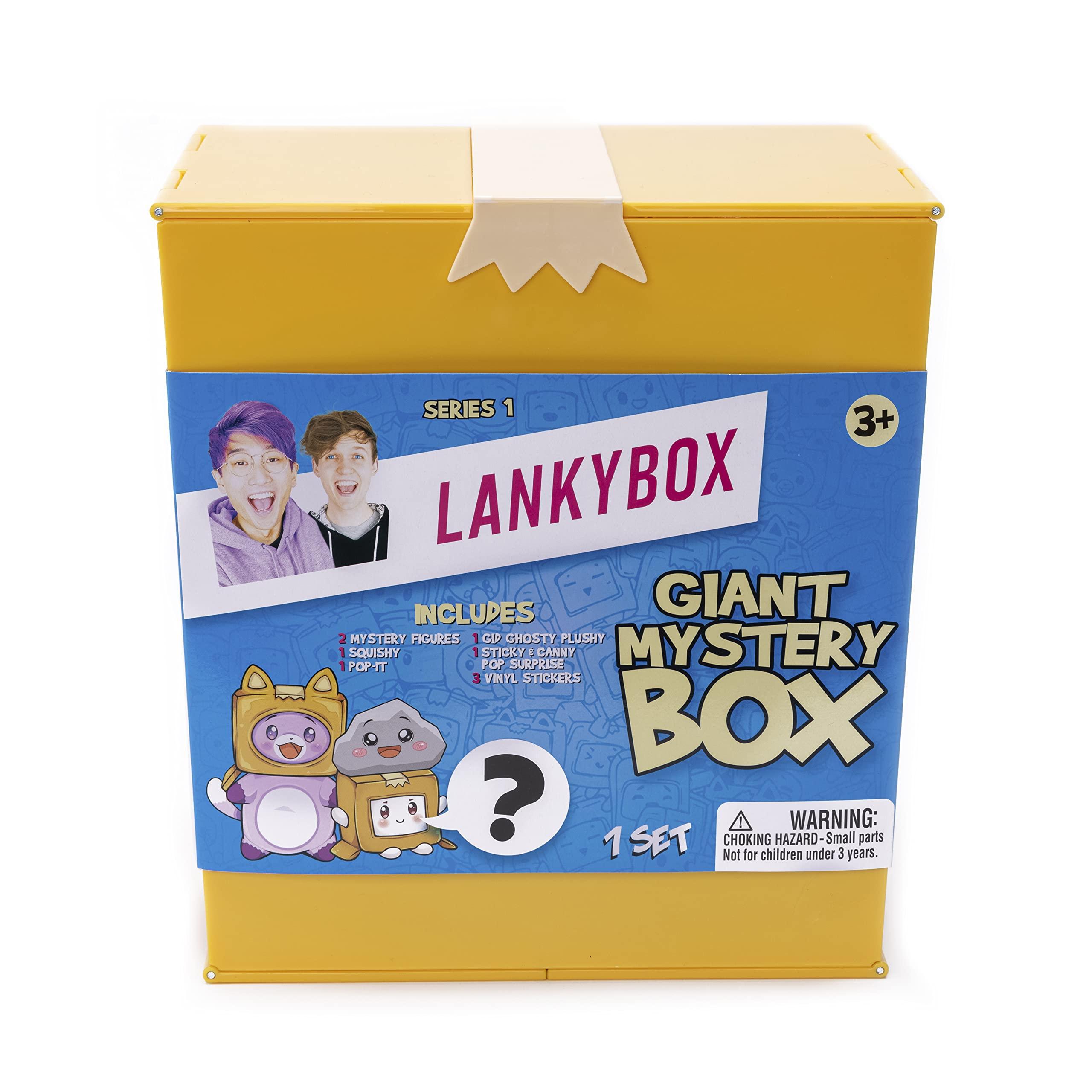 LankyBox LankyBox Giant Mystery Box: Wearable Boxy case, 2 Figures, one 6 Glow-in-The-Dark Plush, a Squishy , pop-it Fidget Toy, Canny with pop-Out Sticky, and 3 Stickers