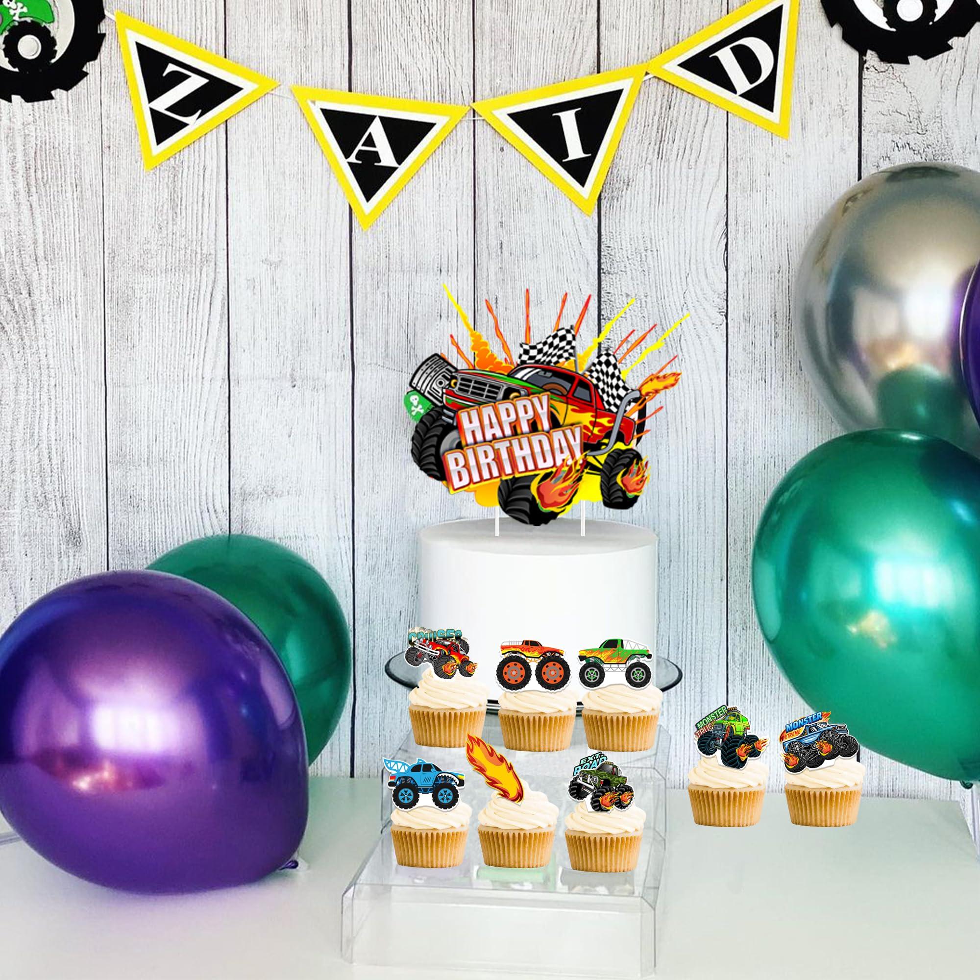 Haxpacal Haxpacal Truck Cake Topper, 49pcs Monster Car Theme Birthday Party Supplies, Red, Green, Blue Cake Decorations for Kids Birthday, Baby Shower Party Decorations