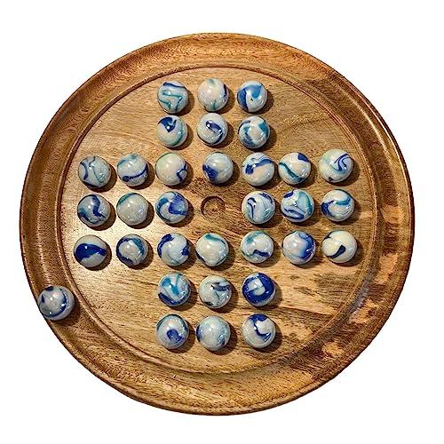 Thorness 30cm Diameter WOODEN SOLITAIRE BOARD GAME with JELLYFISH GLASS MARBLES | classic wooden solitaire game | strategy board game | family board game | games for one | board games