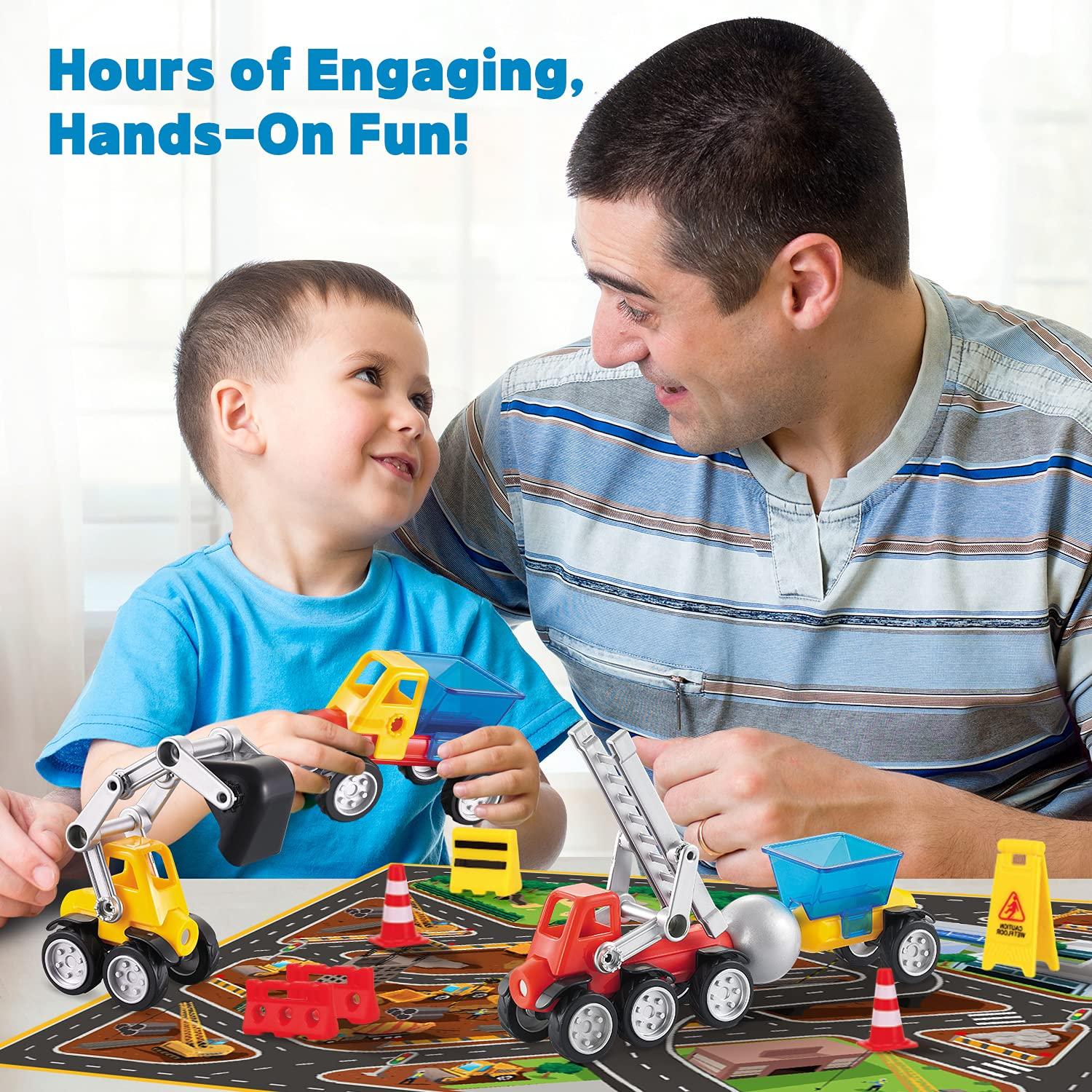 MOBIUS Toys Cars Magnetic Building Blocks, New Shapes for Creating Endless Construction Trucks Toys, Including Play Mat, Road Signs, Montessori STEM Toy Boys & Girls and Magnetic Tiles for Kids Ages 4-8