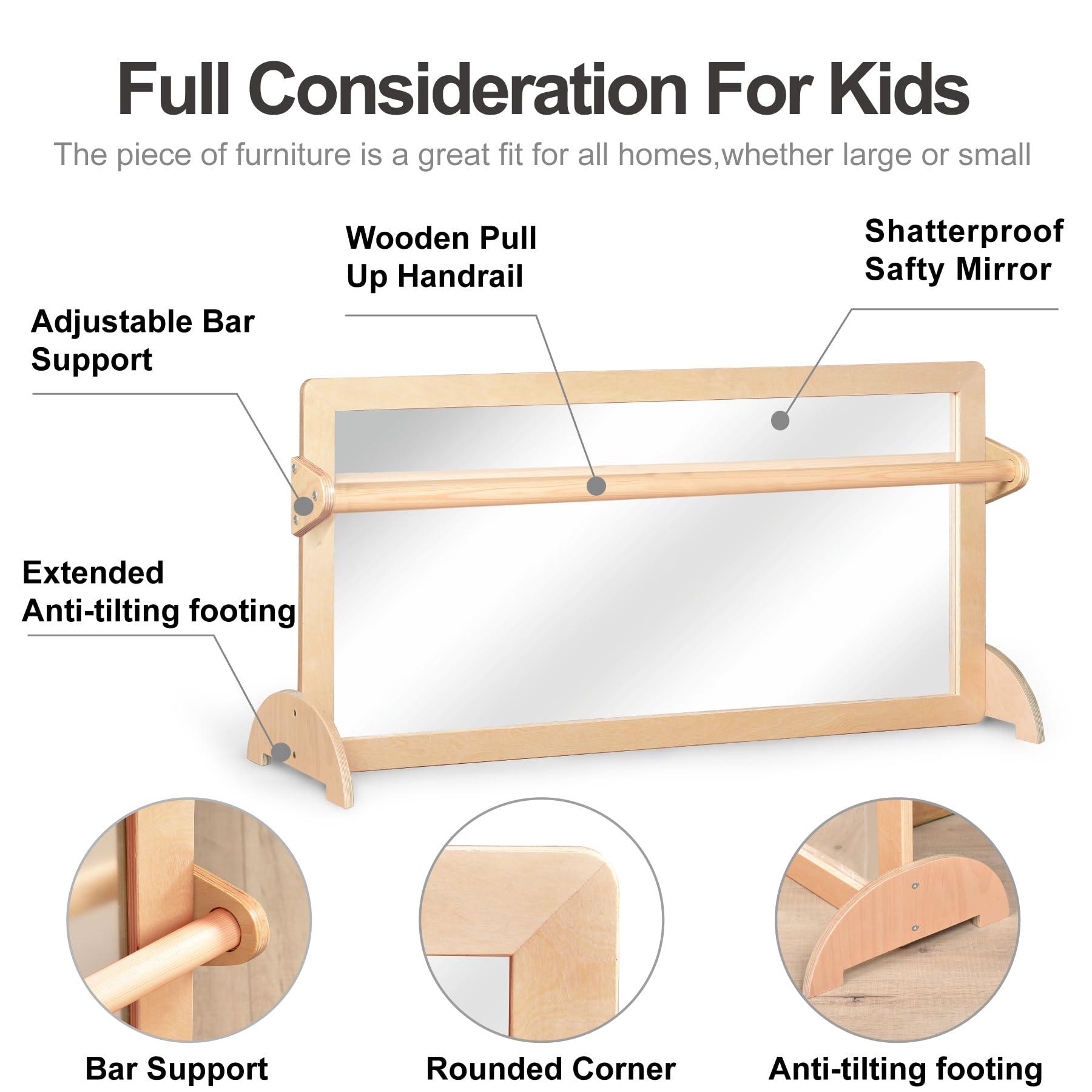 KRAND KRAND 3-Position Montessori Wood Frame Non-Shatter Safety Pull Up Bar Baby Big Mirror Set, Infant Coordination Mirror, Kids Classroom Furniture for Daycare, Homeschool or Preschool
