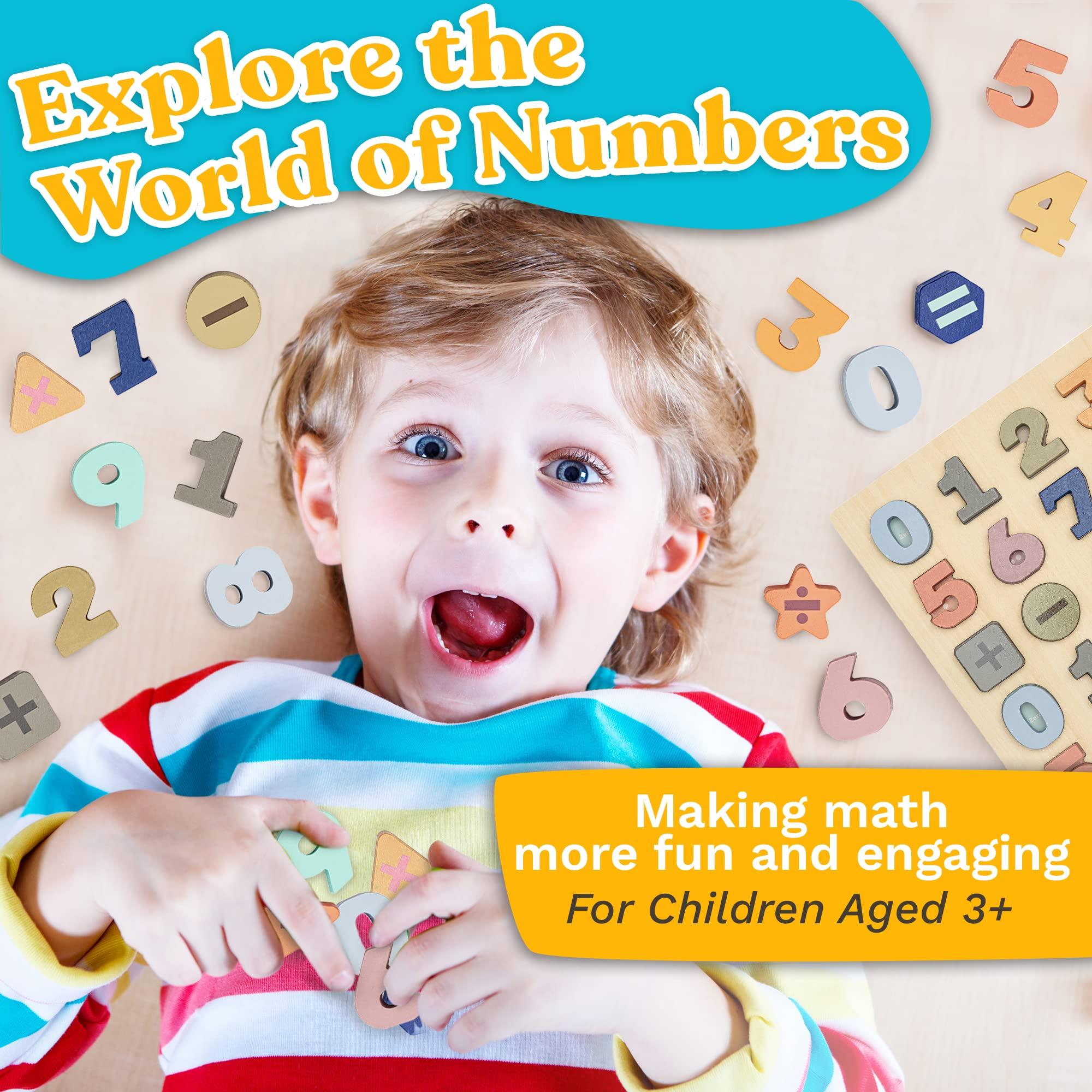 Frankly Awesome Products Wooden Puzzles for Toddlers 3-5 - 25pcs Puzzle by Number Kids w/Shapes & Math Symbols - Toddler Number Learning Toys to Develop Counting & Problem-Solving Skills - Number Puzzles for Kids Ages 3-5