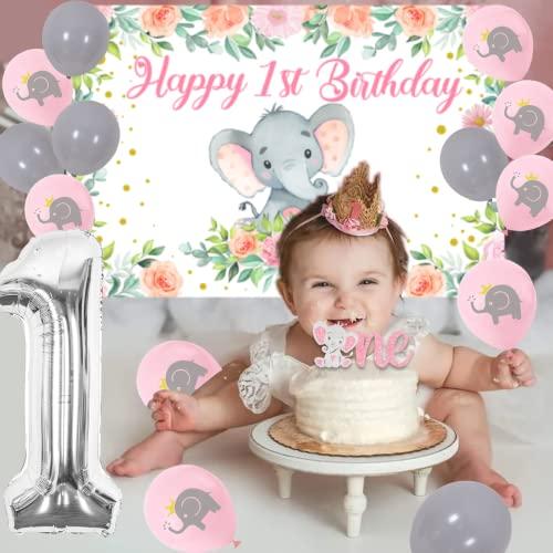 Funmemoir Elephant 1st Birthday Party Decorations Girl - Happy 1st Birthday Backdrop, Elephant One Cake Topper, Cupcake Toppers, Balloons, Pink Elephant Theme First Birthday Party Supplies