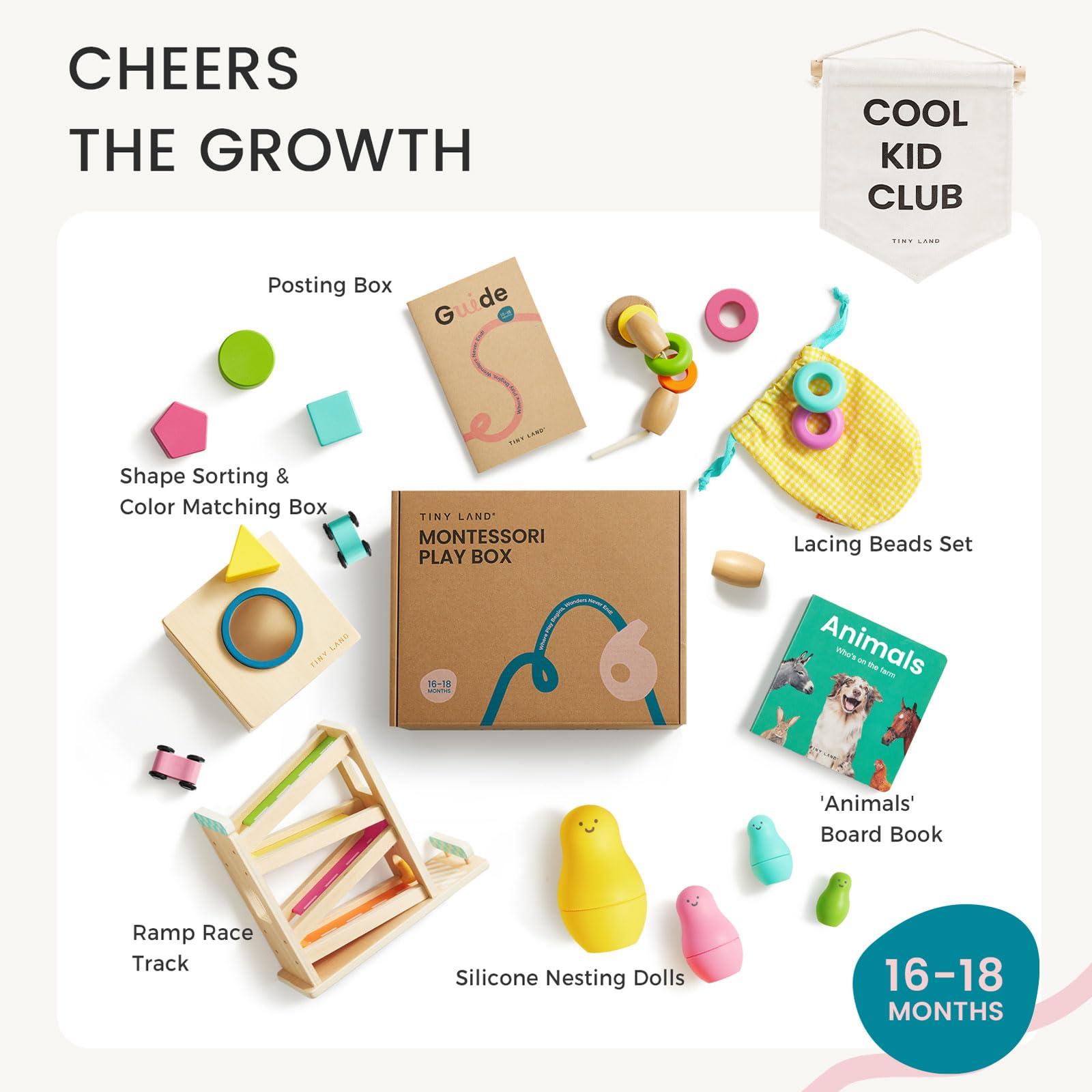 Tiny Land Tiny Land Montessori Toy Set for Baby 16-18 Months Adventure Play Kit - 7-in-1 Ramp Race Track, Shape Sorting and Color Matching Box, Lacing Beads Set, Silicone Nesting Dolls, Animals Board Book