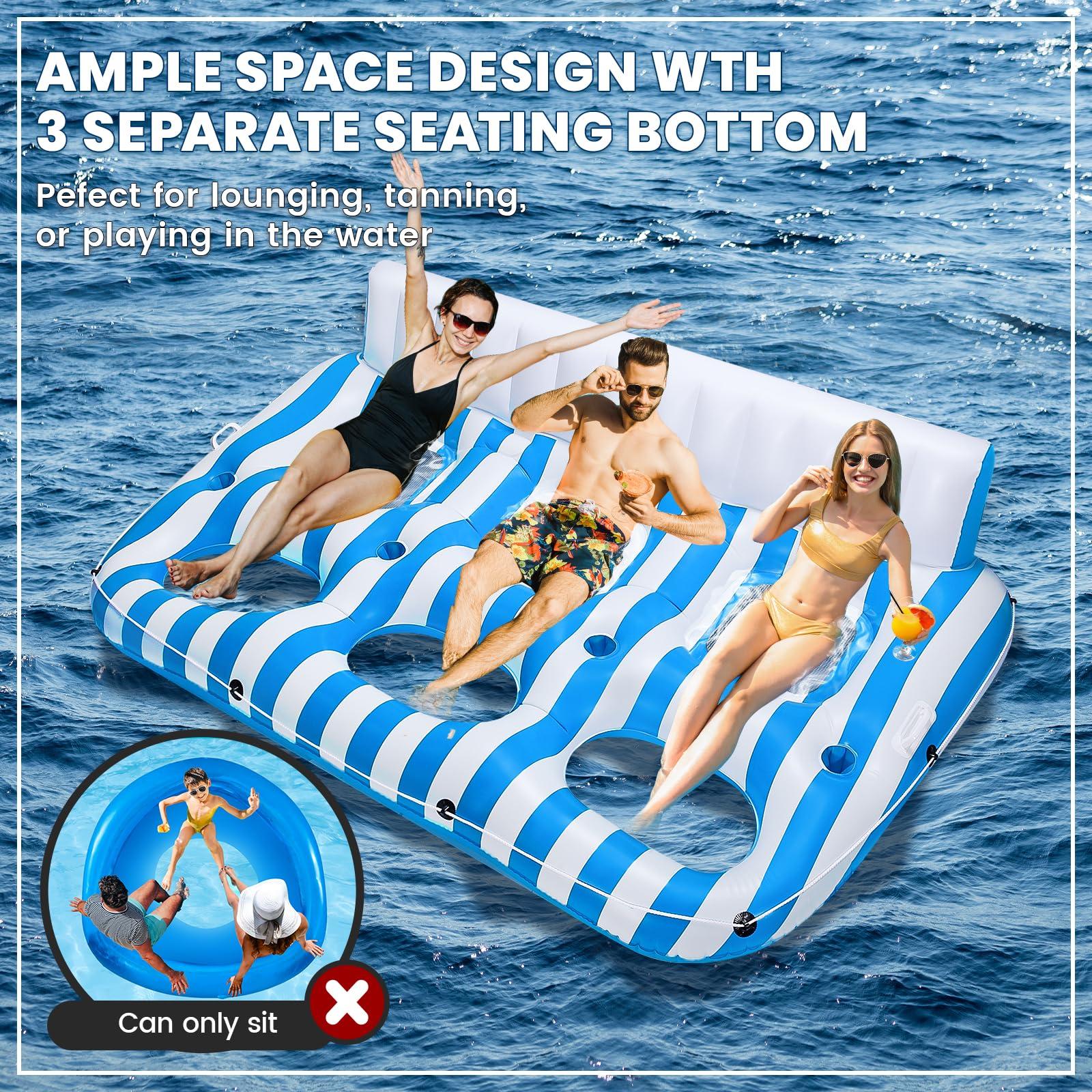 SULDUO SULDUO 3 Person Inflatable Pool Lounger Float for Adults, Giant Pool Floats Chair Lounge with 3 Backrests and Cup Phone Holder, Water Tanning Pool Raft Party Toys for Outdoor, Beach, Lake, River, Sea