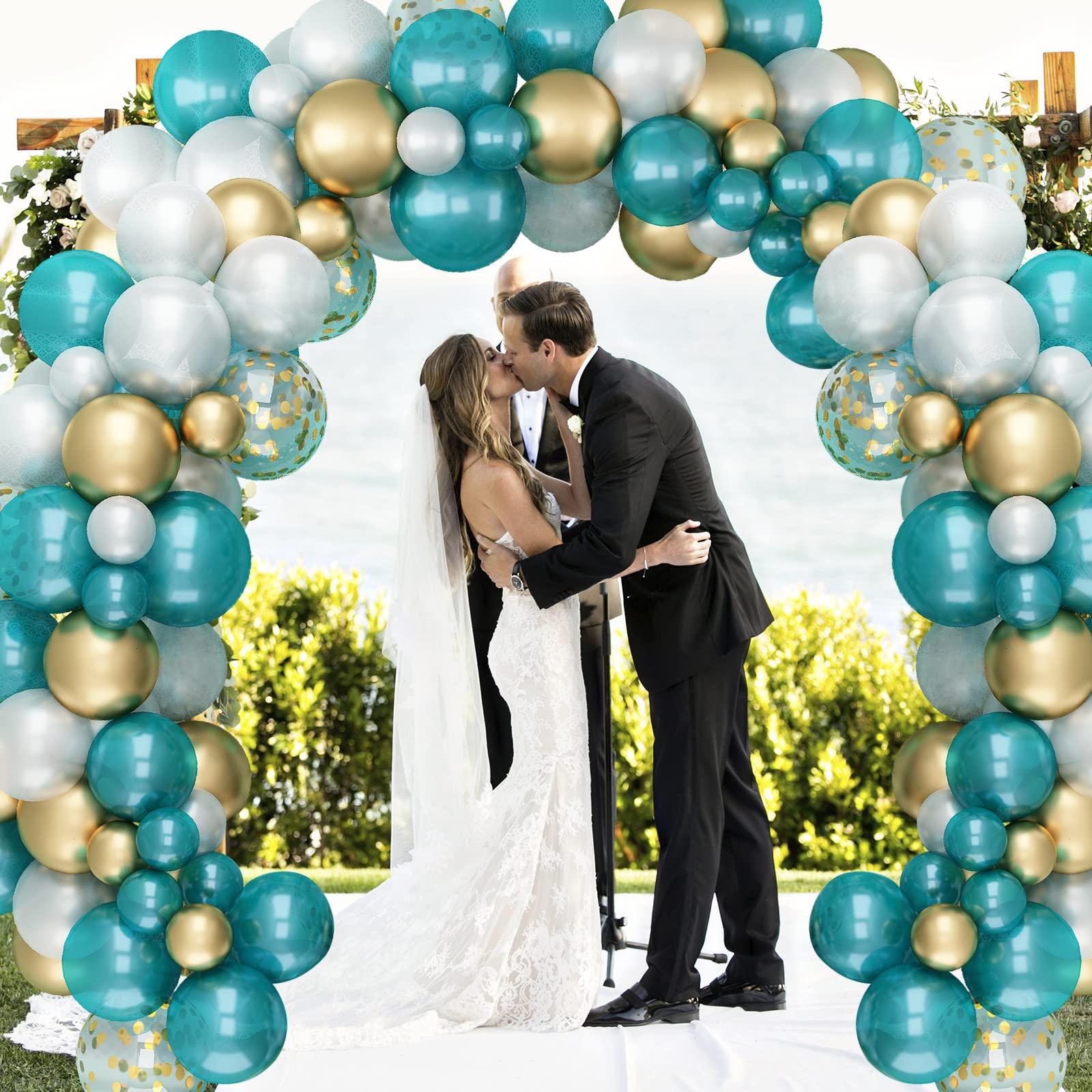 Domgoge Matte Turquoise Blue Pearl White Balloons Garland Arch Kit Metallic Gold Balloon with Gold Confetti Latex Balloon Teal Blue Balloons Chrome Gold Party Decorations Supplies Birthday Baby Shower