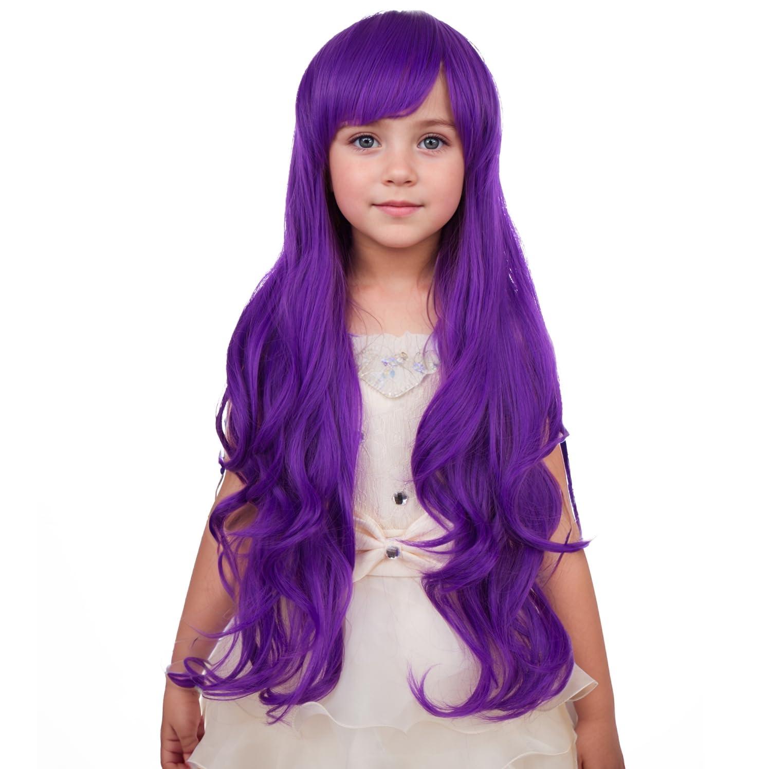 PATTNIUM PATTNIUM Kids Purple Wig Long Wavy Purple Wig with Bangs for Child Girls Dark Purle Synthetic Wig with Wig Cap