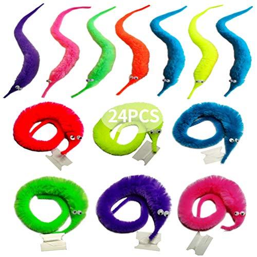 SHENGSEN SHENGSEN 24 Pieces Fuzzy Worm Toys, String Worm Pets Fuzzy Worms On String Bulk Trick Toy Party Favors for Kid Cat (6 Colors)