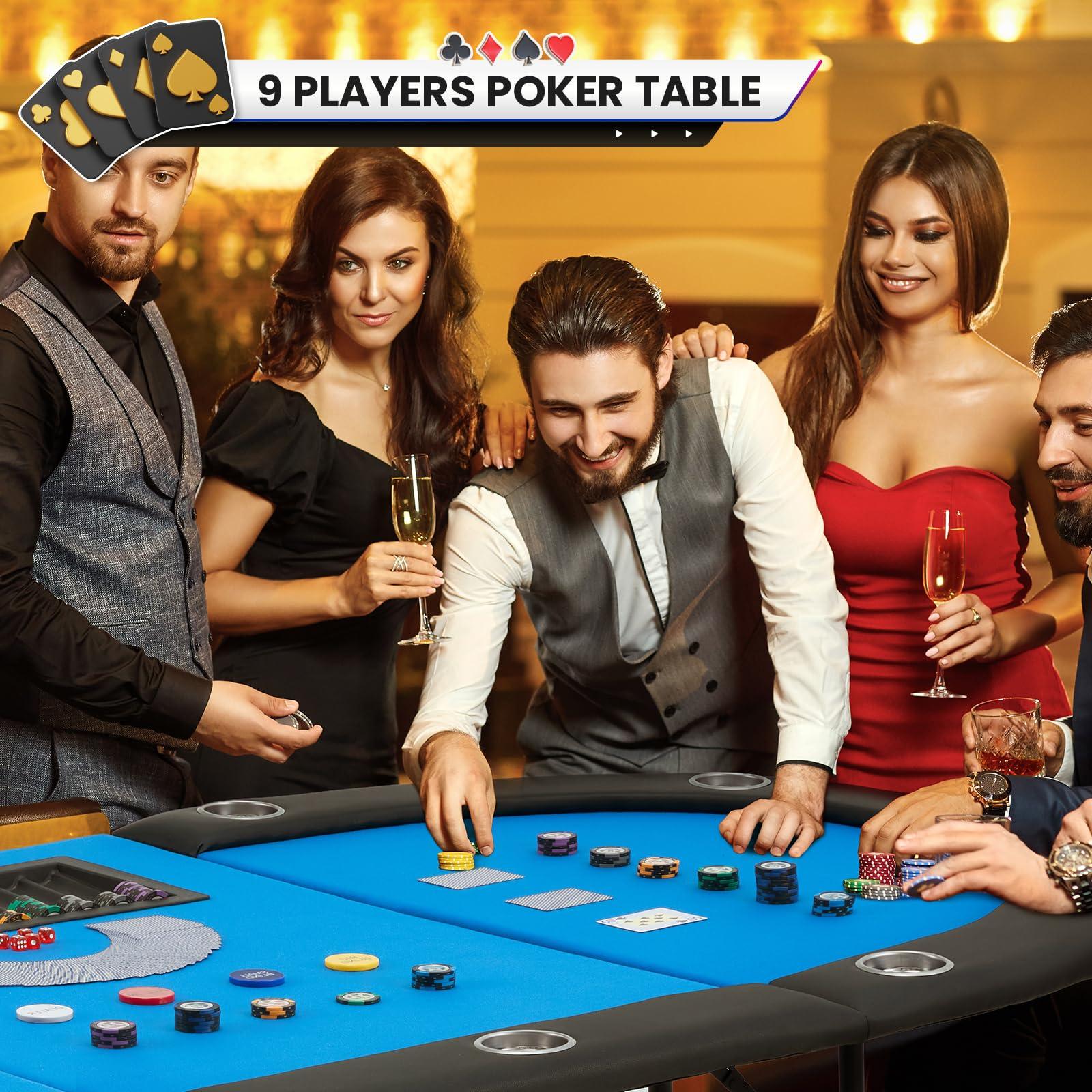 ECOTOUGE ECOTOUGE Poker Table w/Stainless Steel Cup Holder Casino Leisure Table, Top Texas Hold'em Poker Table w/Leg (Blue, Oval)