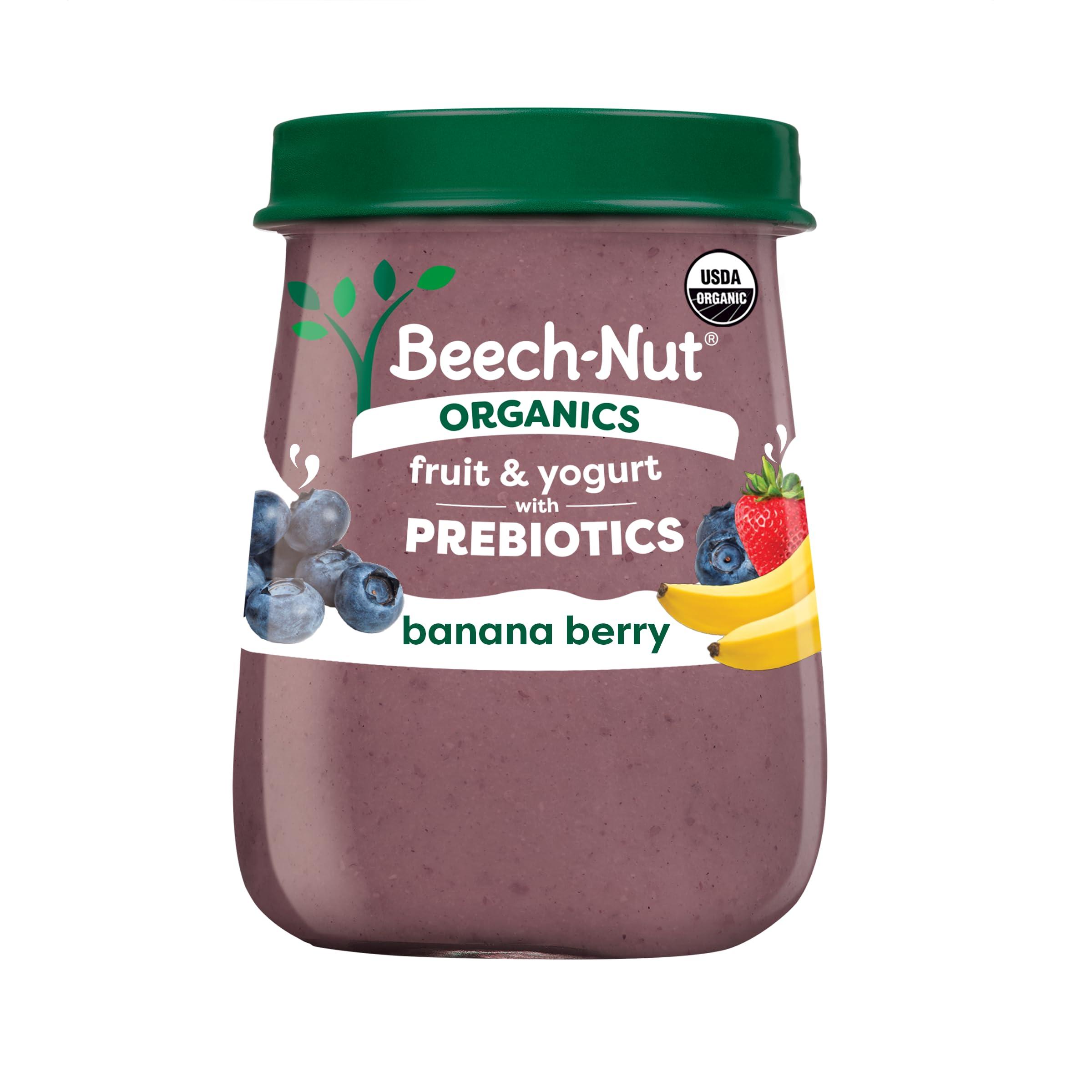 Beech-Nut Beech-Nut Organic Fruit & Yogurt Baby Food Jars with Prebiotics, Organic Banana Berry & Yogurt Puree, Stage 2 Baby Food for Babies 6 Months and Up, Non-GMO, 4oz Glass Jars, 10ct