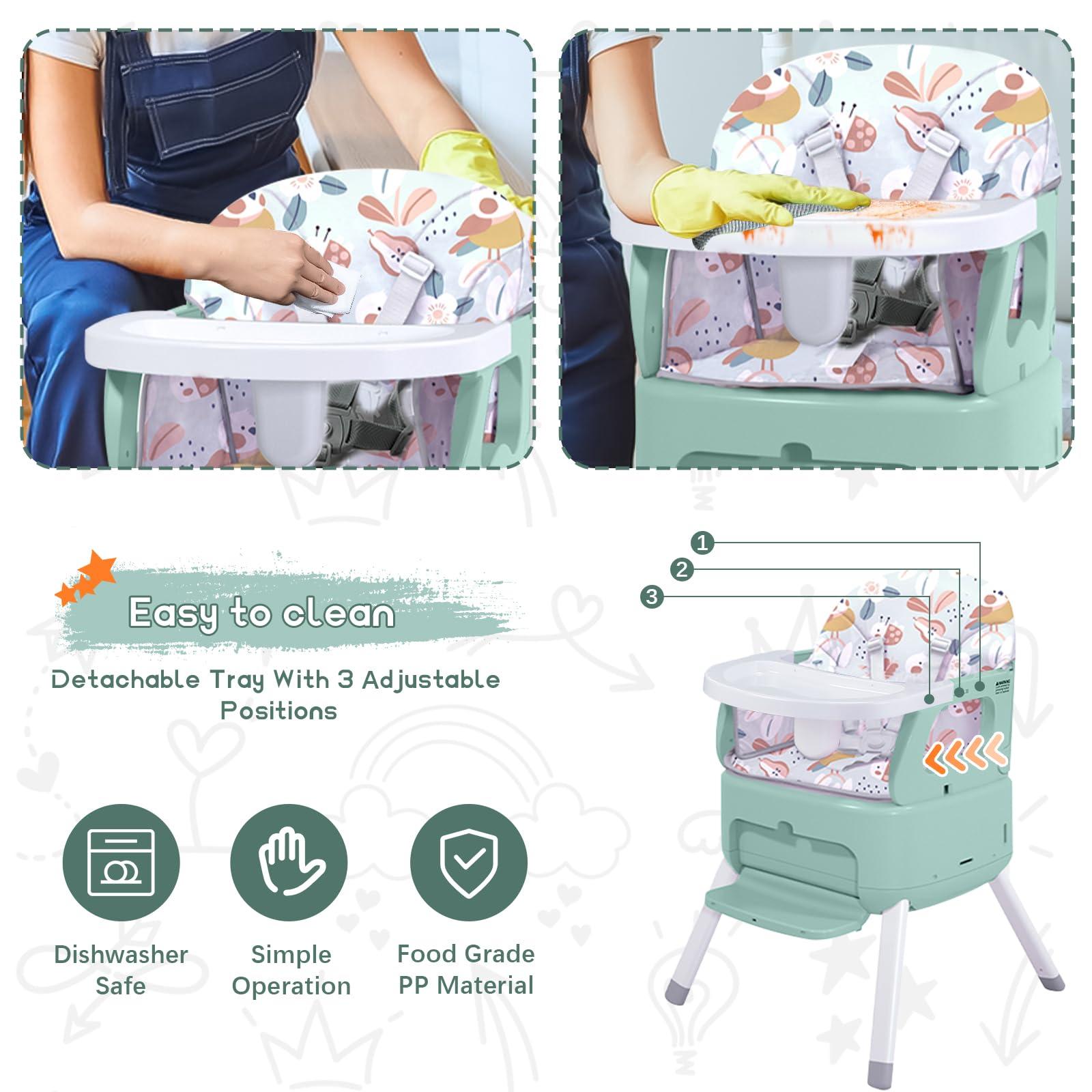 BABHAMNESS 4 in 1 Portable Baby High Chair,Convertible Highchair for Babies and Toddlers-Foldable Infant Booster Seat,Carry Small Box,Dining Chair,Toddler High Chair with 5-Point Harness,Removable Tray-Green