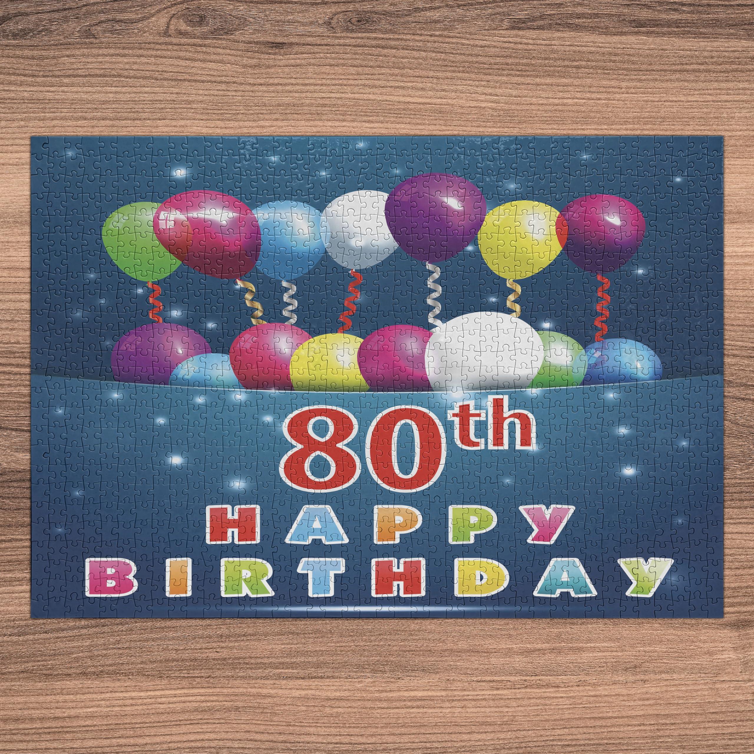 Ambesonne Ambesonne 80th Birthday Jigsaw Puzzle for Adults, Happy Birthday Words with Colorful Baloons on Blue Colored Backdrop Image, Heirloom-Quality Fun Activity Durable Cardboard, 1000 pcs, Sea Blue