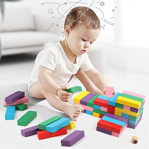 Canuan Canuan Wooden Blocks Stacking Games, 48PCS Tumbling Stacking Blocks Game for Kids and Families, Wood Colorful Balancing Blocks Montessori Toys for Kids with Storage Bag