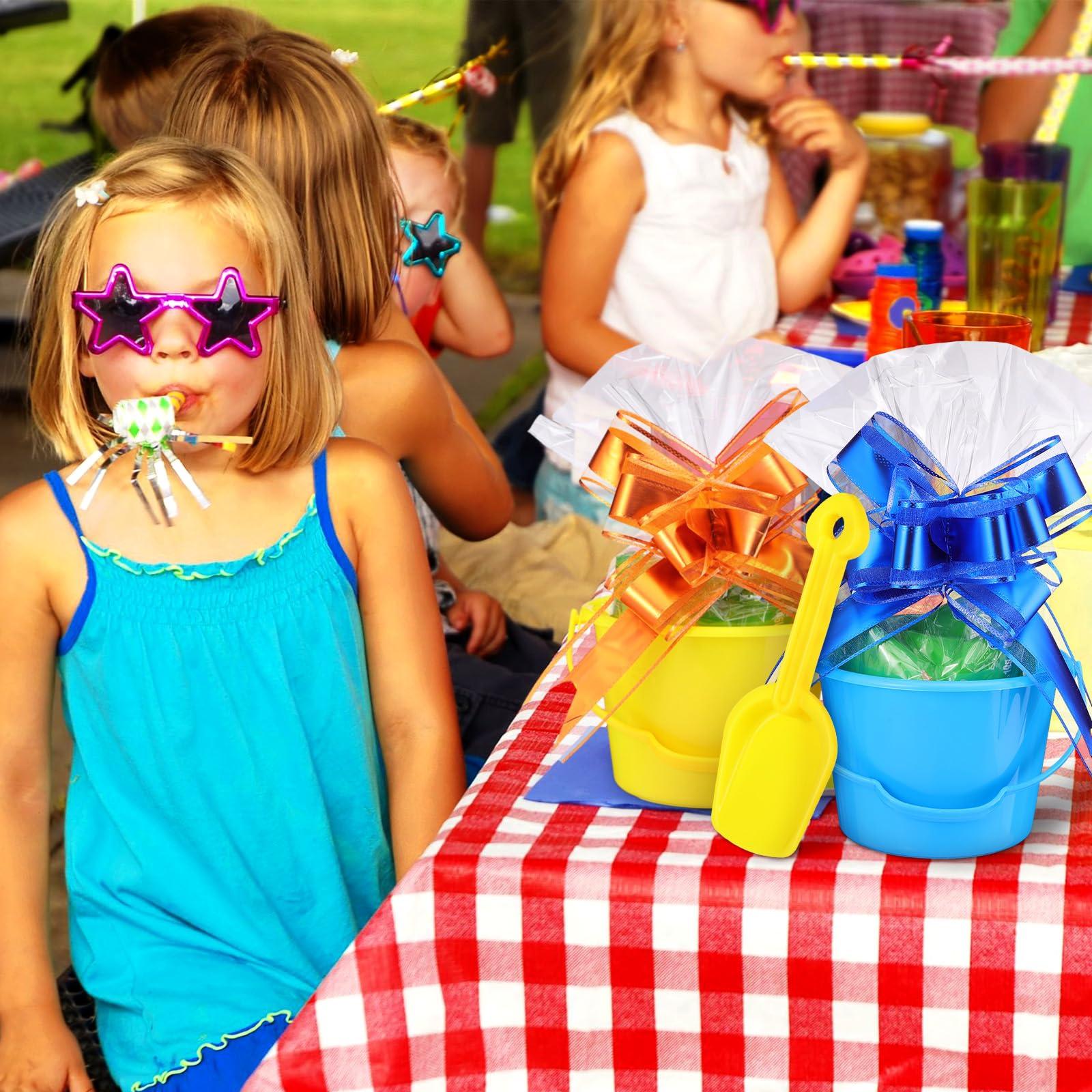 Sratte 10 Sets Sand Buckets and Shovels Set for Kids Plastic Mini Beach Pail and Shovel with 20 Pcs Clear Treat Bags and 20 Pcs Pull Bows for Boys and Girls Summer Beach Holiday Birthday Party Favors