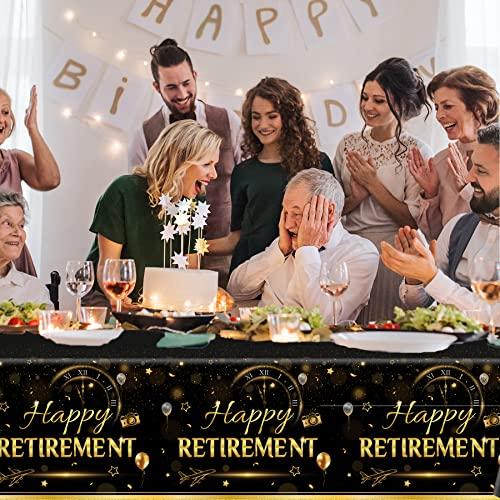 GREHUMOR GREHUMOR Happy Retirement Tablecloth 3Pcs-Retirement Party Decorations Black and Gold Tablecloth Plastic Rectangle Disposable Table Cover Rectangle Waterproof