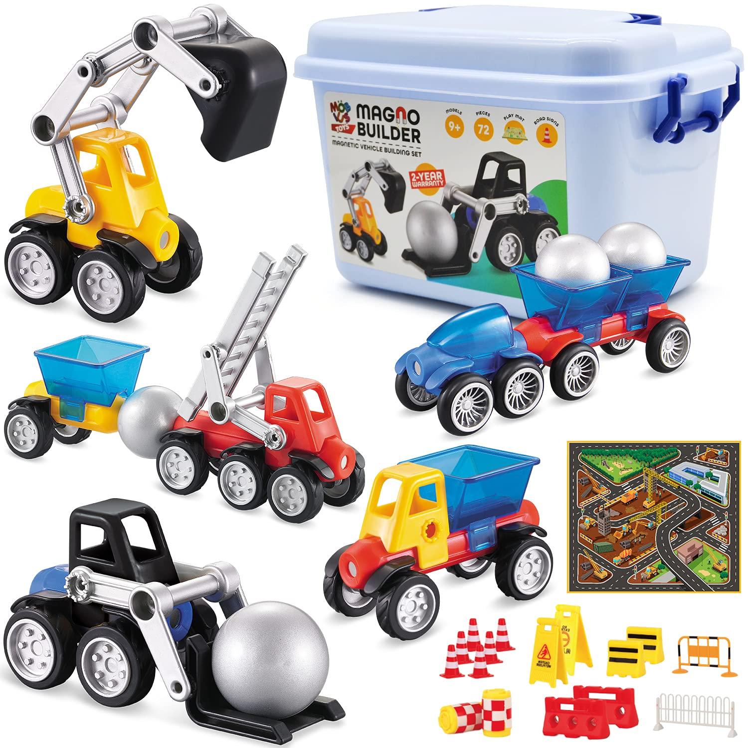 MOBIUS Toys Cars Magnetic Building Blocks, New Shapes for Creating Endless Construction Trucks Toys, Including Play Mat, Road Signs, Montessori STEM Toy Boys & Girls and Magnetic Tiles for Kids Ages 4-8