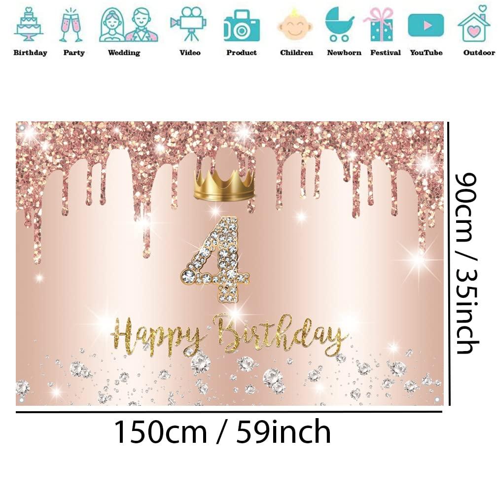 Tecreo Happy 4th Birthday Decorations Backdrop Banner for Girls 4 Years Old Fabric Sign Poster Rosegold Photography Background 4th Birthday Party Supplies, 59\"x35.4\"