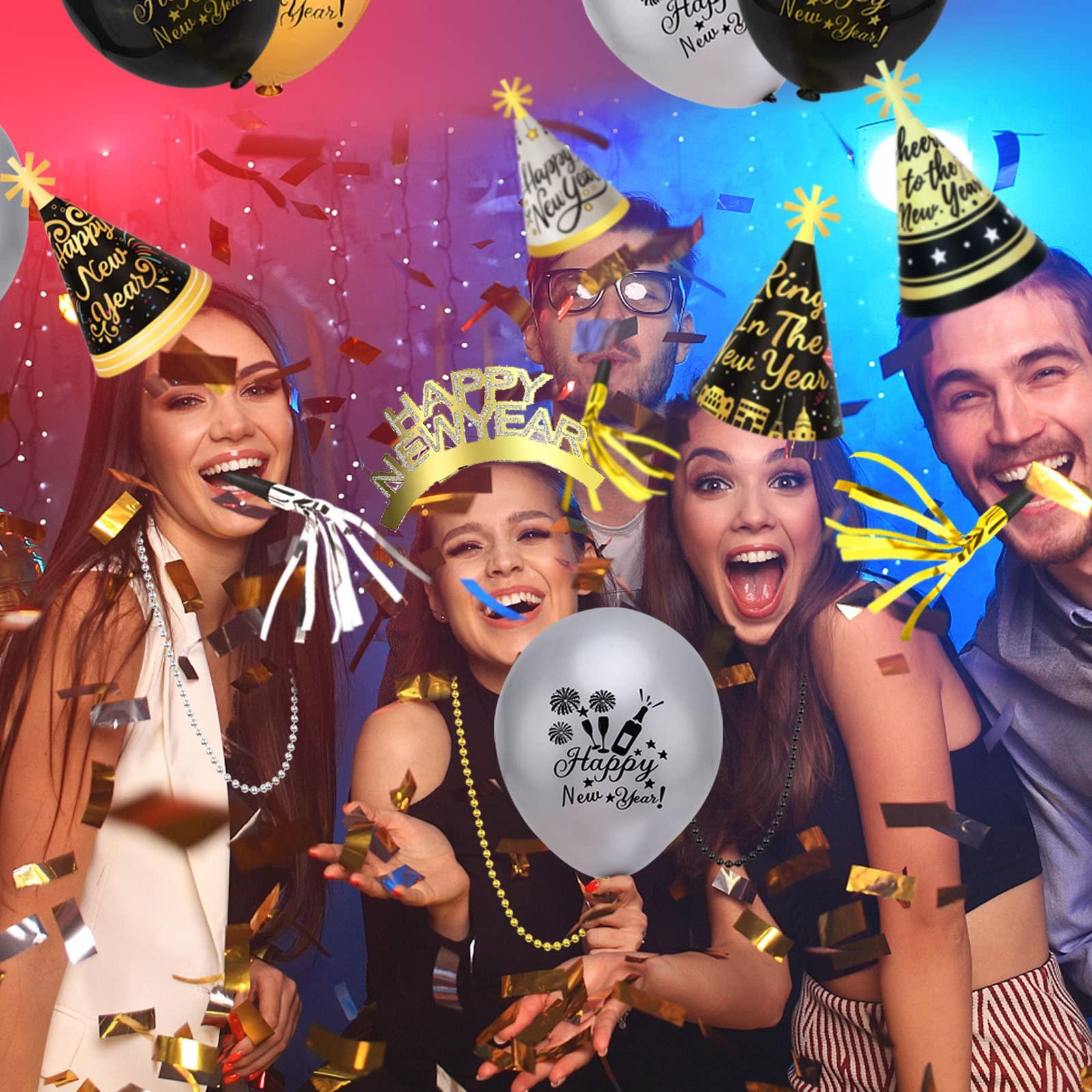 HOWAF HOWAF 2025 New Year Eve Party Supplies 2025 NYE Decorations Kit - Include Happy New Year Headband Cone Hats Party Blowouts Black Gold Silver NYE Party Favors New Years Eve Accessories Kit, 38 Pieces