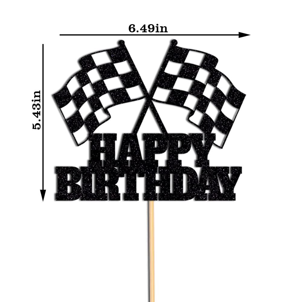 WRACKKIAR WRACKKIAR Race Car Cake Topper - Checkered Flag, Glitter, Happy Birthday Theme Cake Decor