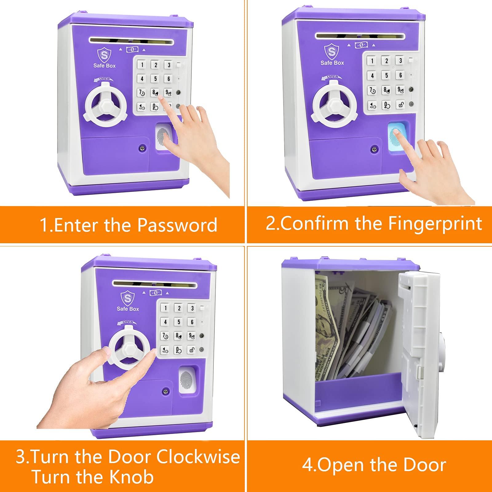 Like Toy Safe Box, Electronic ATM Piggy Bank, Money Coin Savings Bank, Finger Print Scanner Lock, Great Gift for Children Kids (Purple)