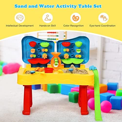 Costzon Costzon Kids Sand and Water Table, 2 in 1 Beach Play Activity Table with Cover, 27.5” x 14” x 28.5” Splash Water Table for Toddlers w/ 31 Pcs Accessories, Outdoor Indoor Beach Toy Set for Age 3+