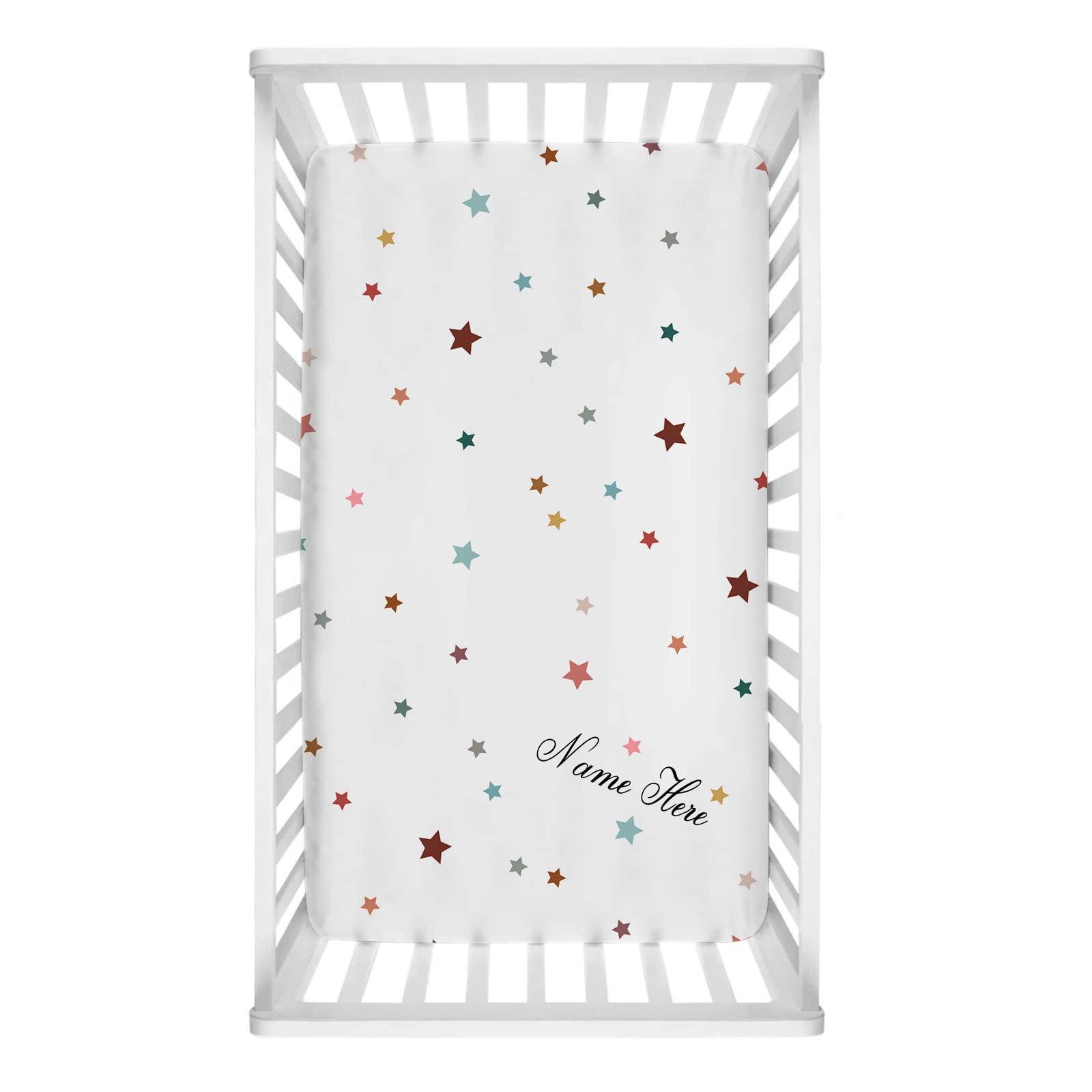 Cowcute Personalized Colorful Star Baby Fitted Crib Sheet for Girls Boys, Custom Baby Crib Sheet with Name for Standard Crib & Toddler Bed Mattress, Soft and Safe Nursery Neutral Bedding, 28x 52