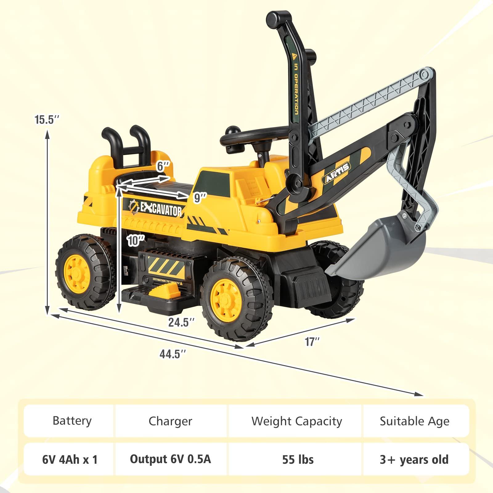 HONEY JOY HONEY JOY Ride on Excavator, 6V Battery Powered Ride on Construction Vehicles for Kids, Under Seat Storage, Music, Rotatable Seat, Kids Digger Loader, Bulldozer Ride on Toy, Gift for Boys Girls