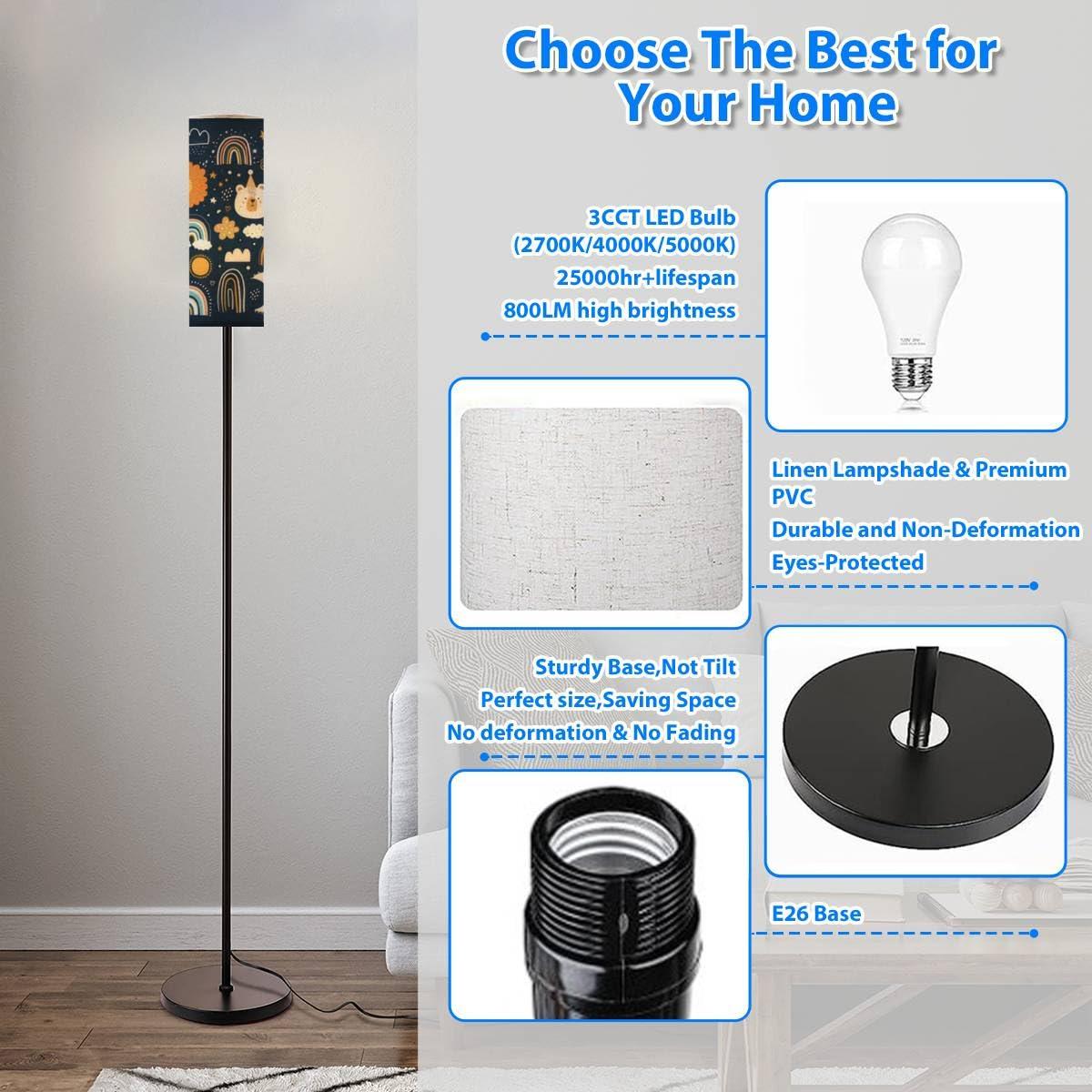 RZNTJHUINA RZNTJHUINA Boho Standing Lamps Abstract Doodles Baby Animals Fabric Cute Animals Nursery Baby Minimalist Floor Lamp Metal Pole Lamp with Linen Lampshade for Bedroom Living Room Office Nursery Reading