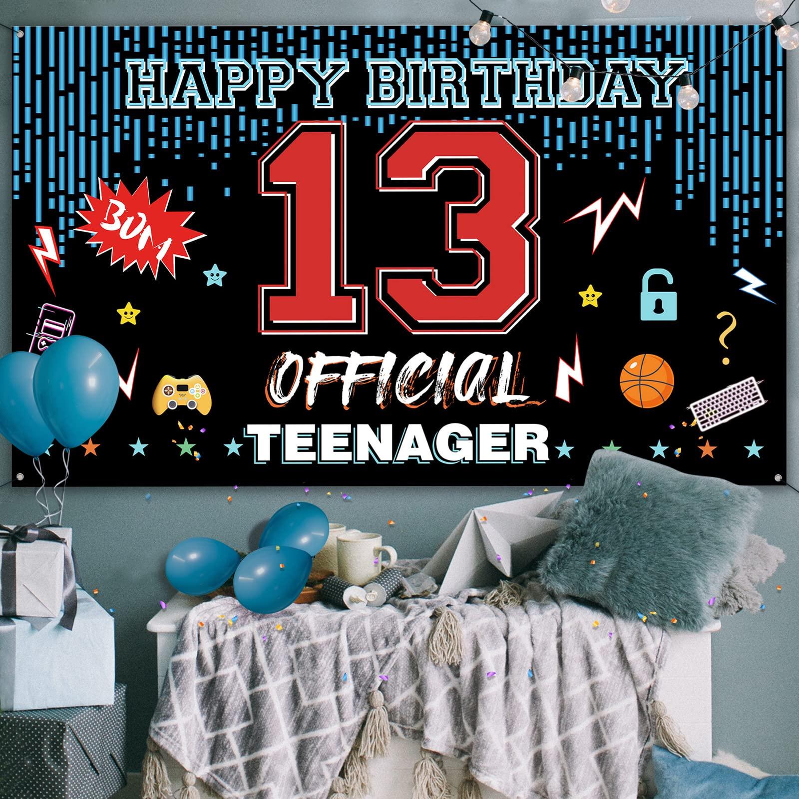 PHXEY Official Teenager 13th Birthday Door Backdrop Banner, Happy 13th Birthday Decorations for Boys Girls, Red Blue 13 Year Old Birthday Party Yard Sign Photo Booth Props Supplies, Fabric, PHXEY