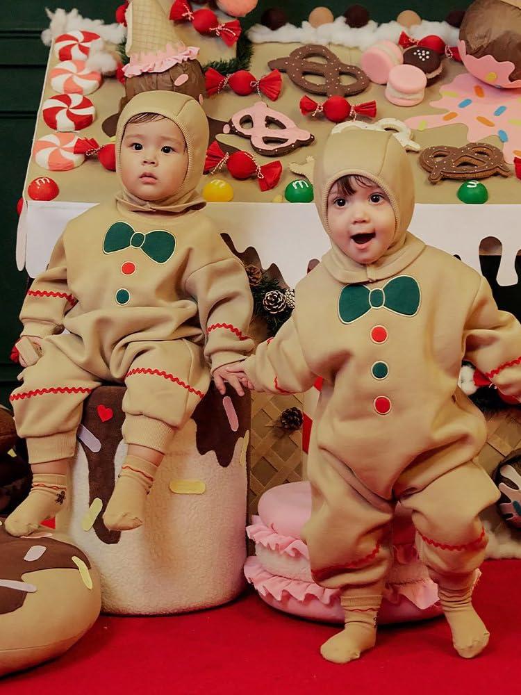 Ayalinggo Ayalinggo Baby Gingerbread Man Costume Newborn Infant Christmas Outfit Toddler Kids Ginger Bread Outfit Romper Jumpsuit Hat (Beige, 12-18 Months)