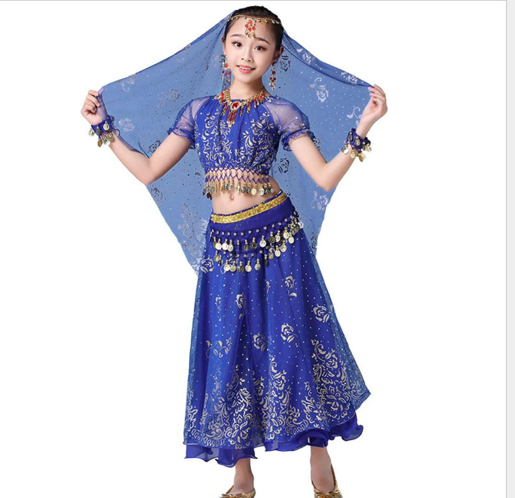 OTMYIGO OTMYIGO 5Pcs/Set Belly Dance Costume Set Oriental Costumes Girl Egypt Bollywood Indian Dancing Clothing India Dresse,Blue,L