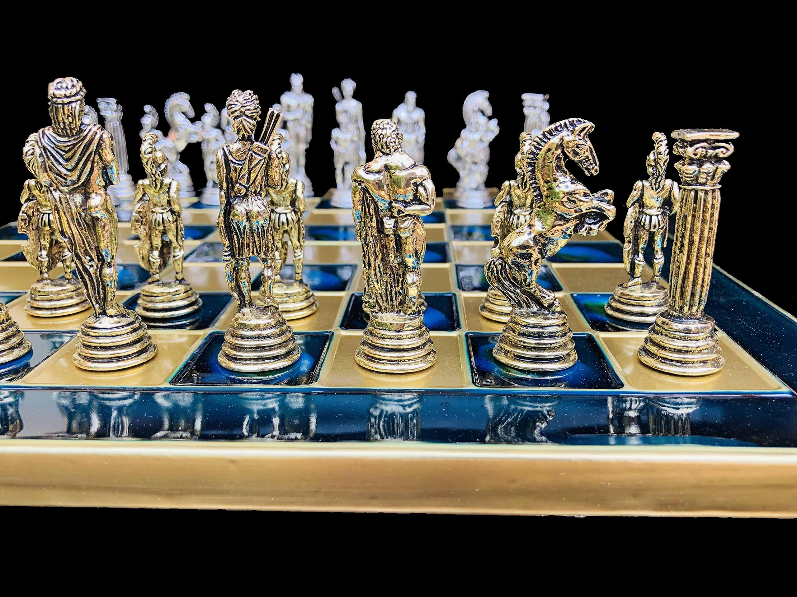 The Chess Empire The Chess Empire --Greek Warrior Complete Metal Weighted Luxury Chess Set with 32 x 32 cm Turquoise Oxidation Chess Board with Chess Pieces-Luxury Metal Unique Chess Set