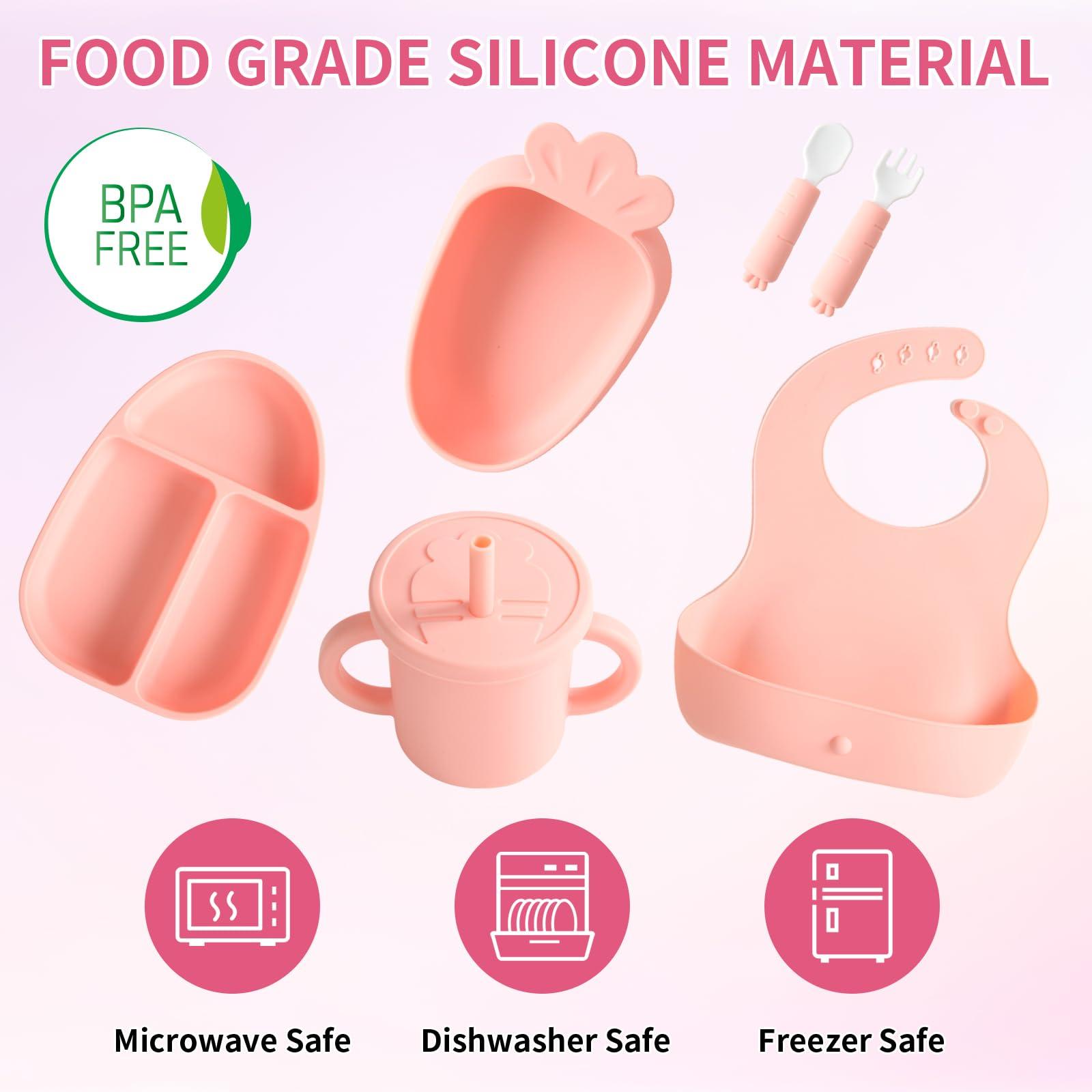 EuChoiz EuChoiz Silicone Baby Feeding Set, Baby Led Weaning Supplies with Suction Bowl Divided Plate, Toddler Self Feeding Dish Set with Bib and Plate, Spoon and Fork, Sippy Cup and Lid Cute Carrot Pink