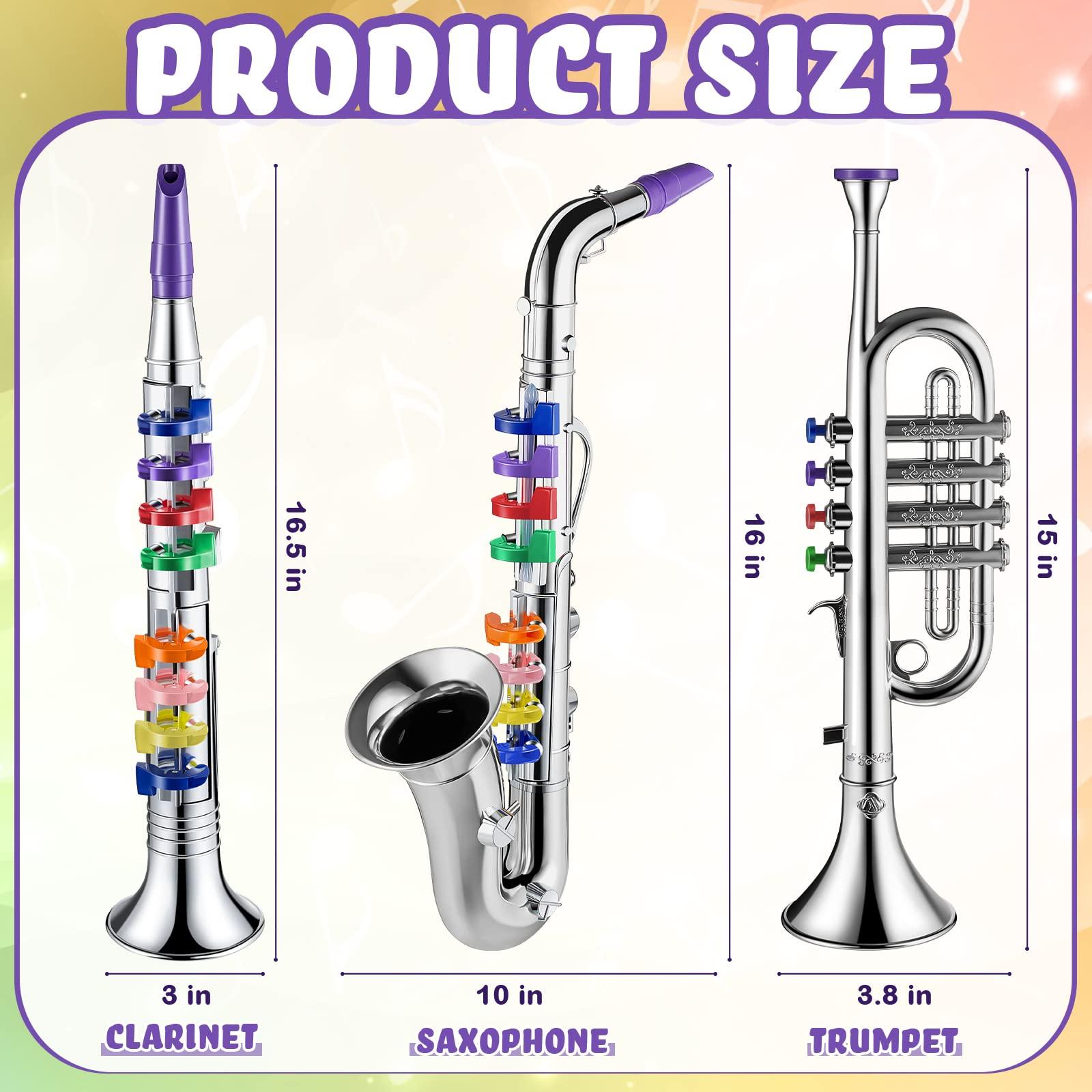 Lewtemi Lewtemi Set of 3 Saxophone for Kids Musical Instruments Toy Saxophone Toy Trumpet and Clarinet with 8 Colored Coded Keys Teaching Songs Gifts for Toddlers Children(Silver)