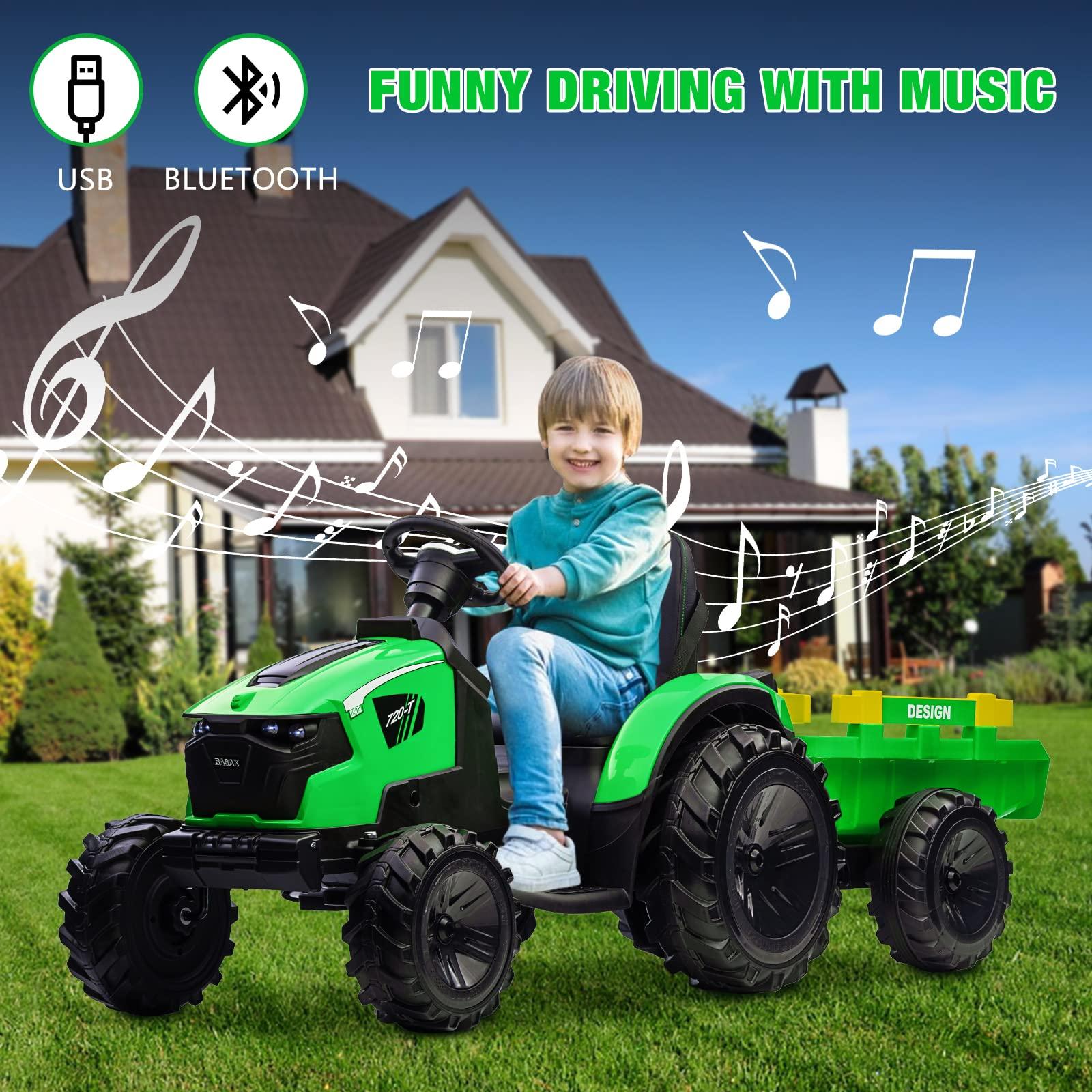 Hetoy 24V 3 in 1 Kids Ride on Tractor, Excavator & Bulldozer, Electric Vehicle w/Trailer, Digger, Shovel Bucket, Remote Control, EVA Tires, LED Lights, Music & USB, Ride on Car Toy, Green