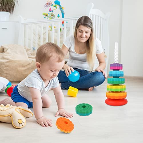 TOYMIS Spinning Stacking Toys, Rainbow Tower Stacker Interesting Rainbow Spinning Wheel Toy BPA Free Early Education Kids Brain Development Toys Family Games for 12 Months +, Develop Cognition Ability